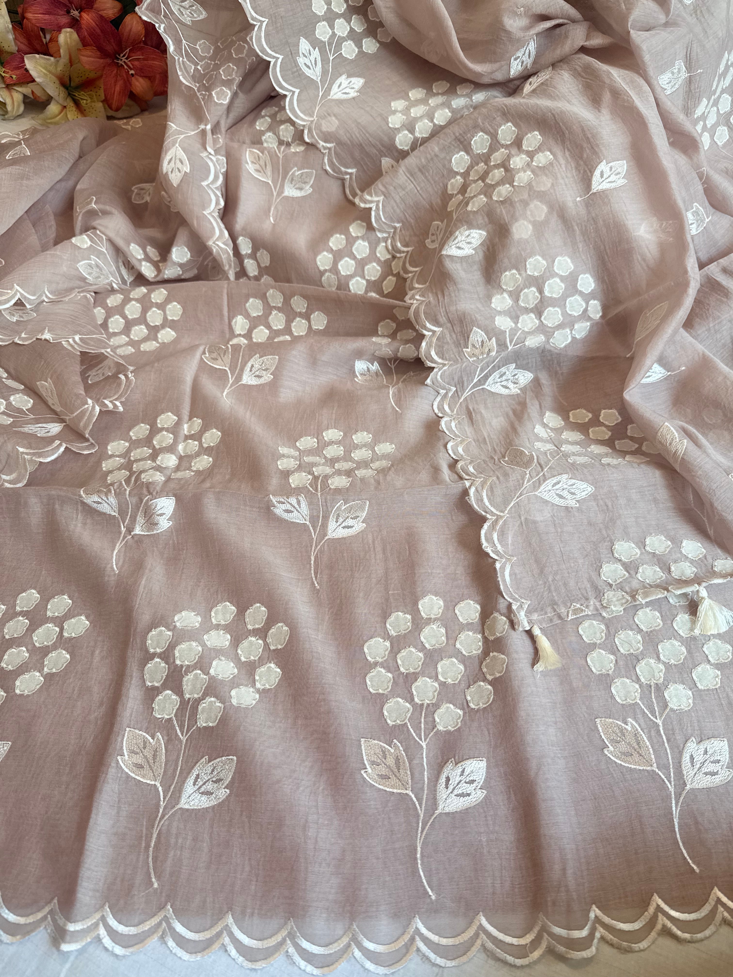 Alia bhatt inspired dusty lilac pink mulmul appliqué work suit set