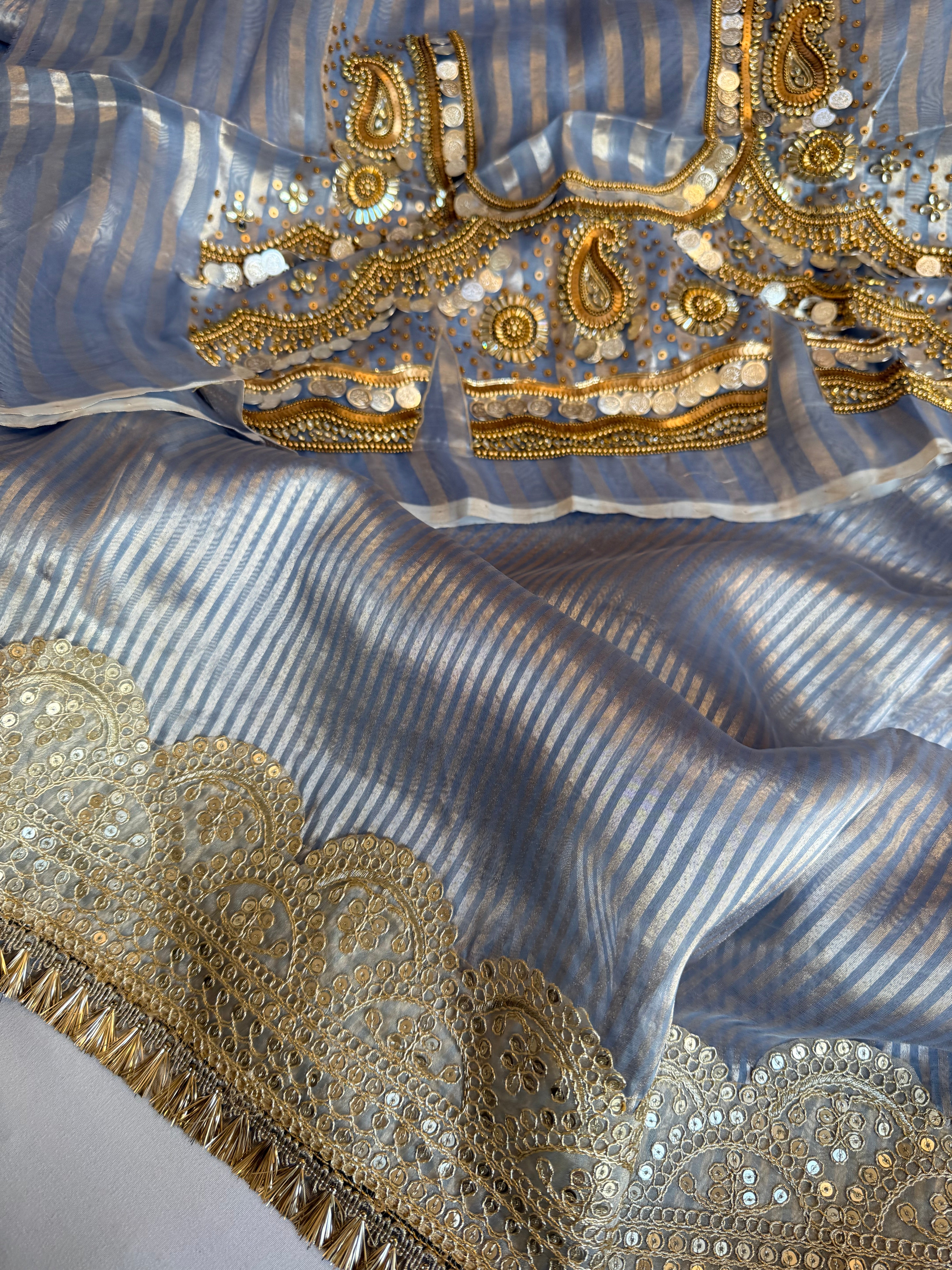 Kundan blouse edit -  tissue silk hand embroidered striped saree with jewellery blouse