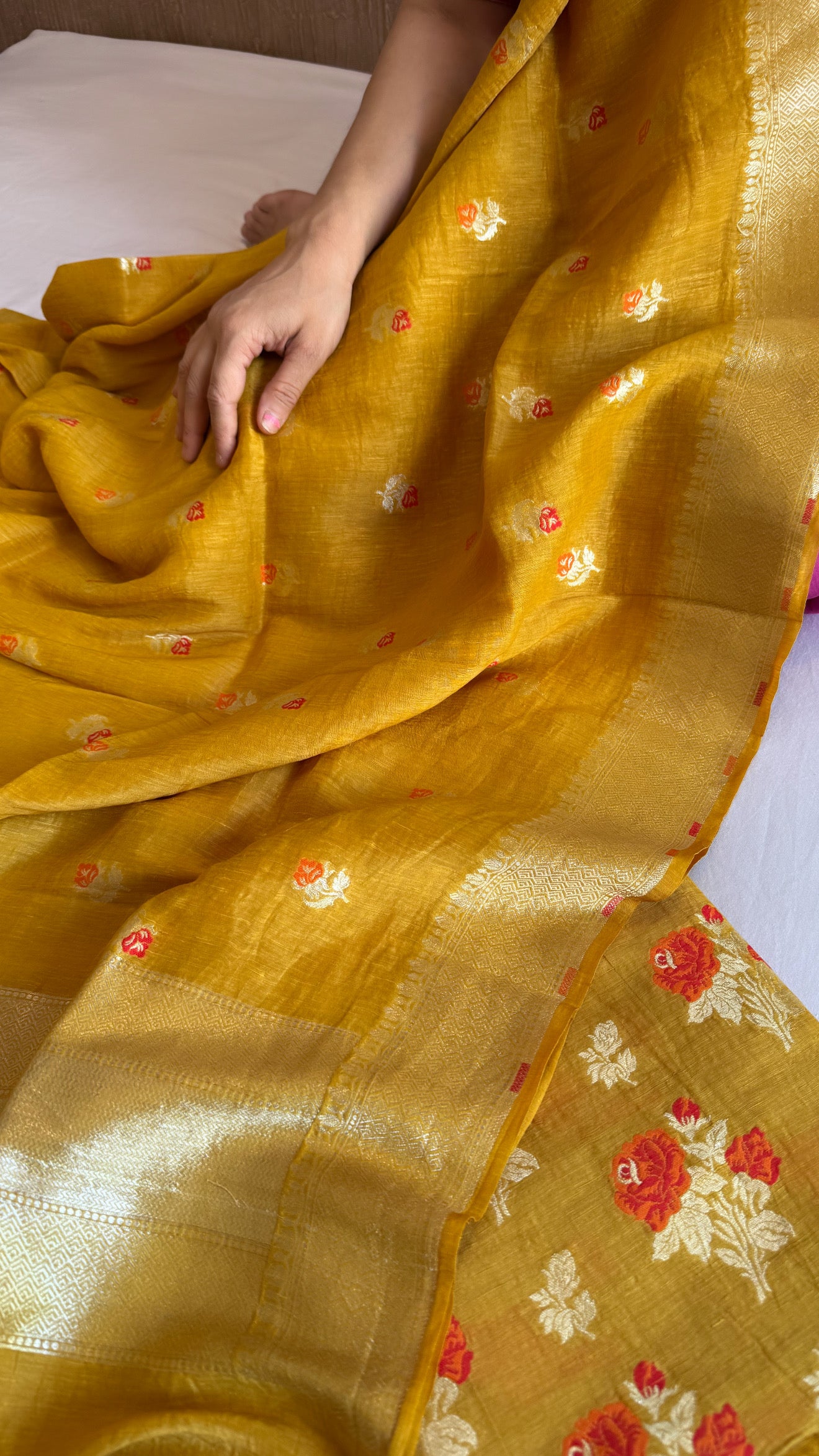 Linen gorgette olive mustard meenakari kadhwa rose buta suit set