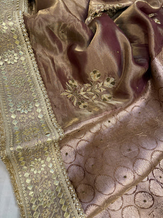 Cocktail wali saree - Coffee brown tissue silk heavy hand embroidered saree
