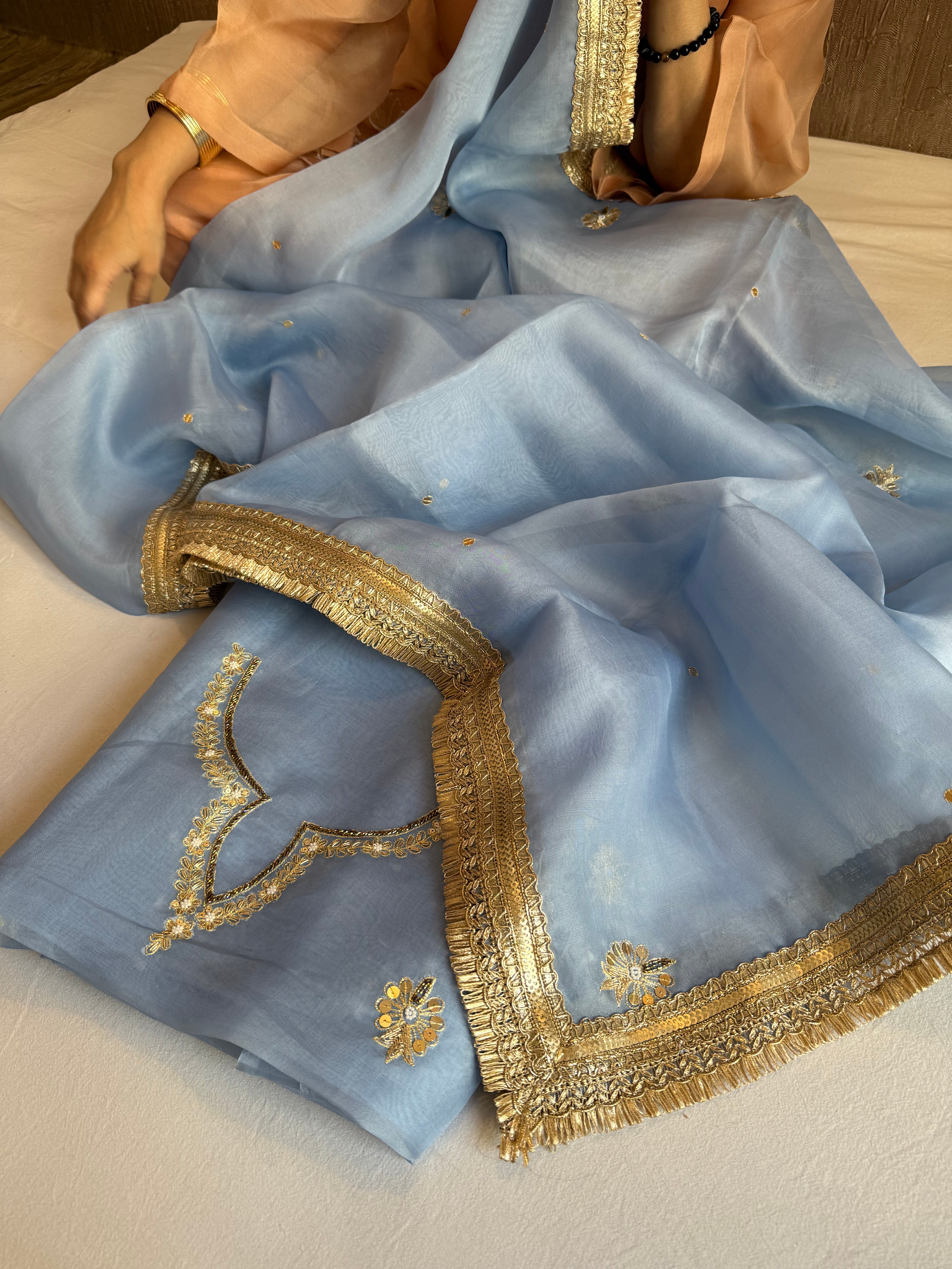 Aari and tilli hand embroidered kora silk water blue kadhwa suit set