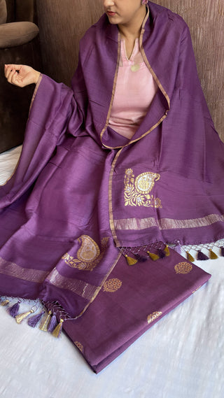 Plum moonga silk kadhwa buti suit set