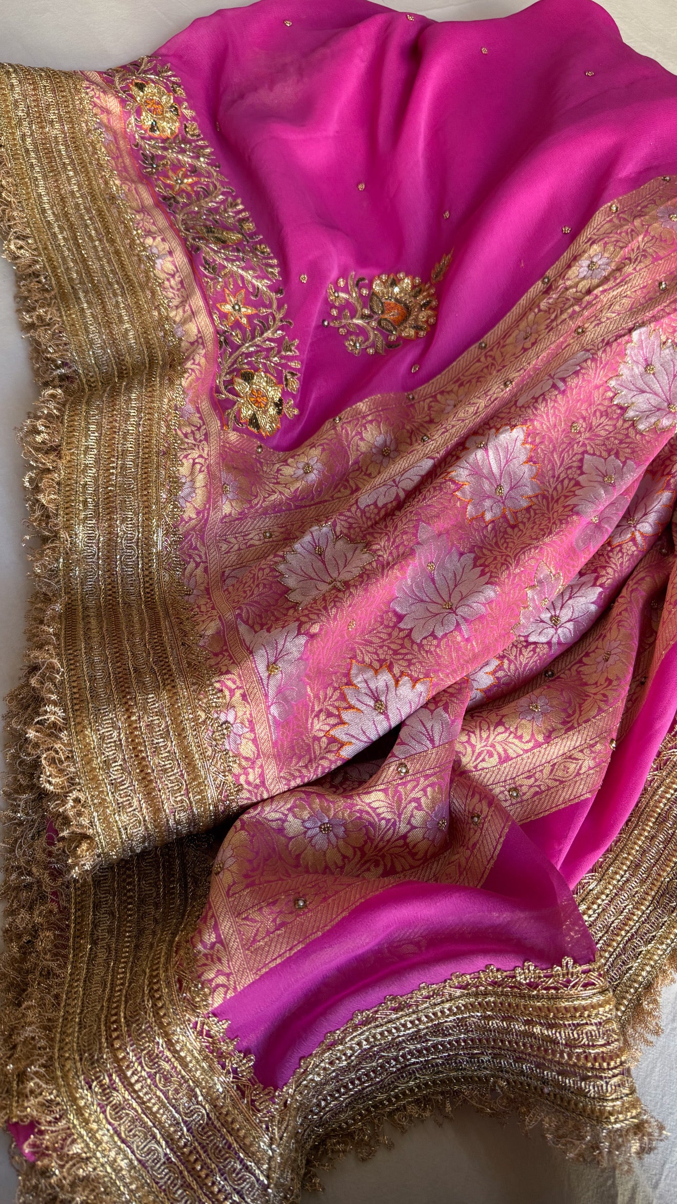 Hot pink gorgette kadhwa hand embroidered sona rupa saree