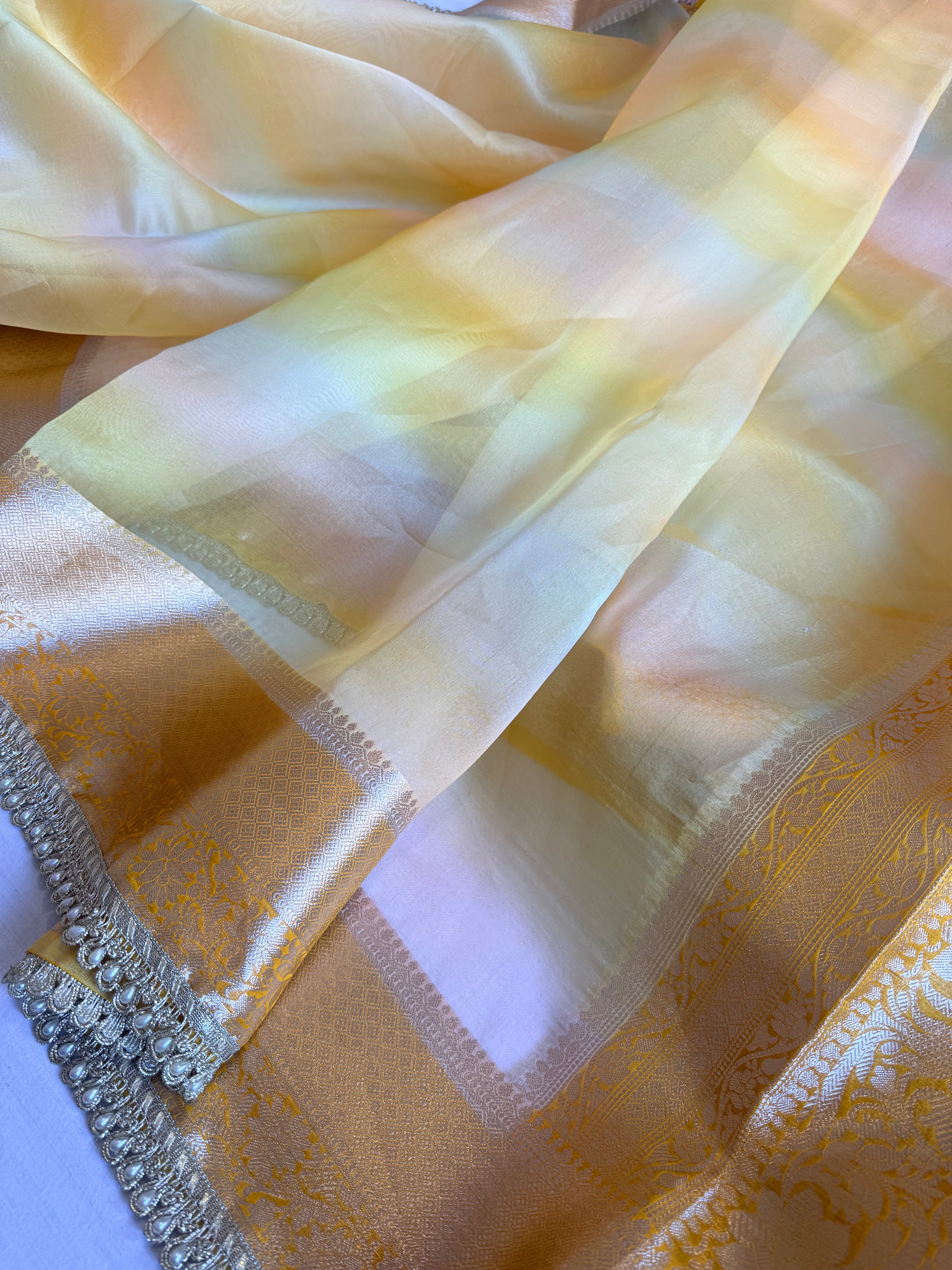 Banarasi kora silk rainbow dyed kadhwa saree with gotapatti work