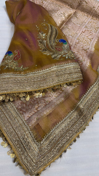 Husn dusty lilac tissue silk hand embroidered saree