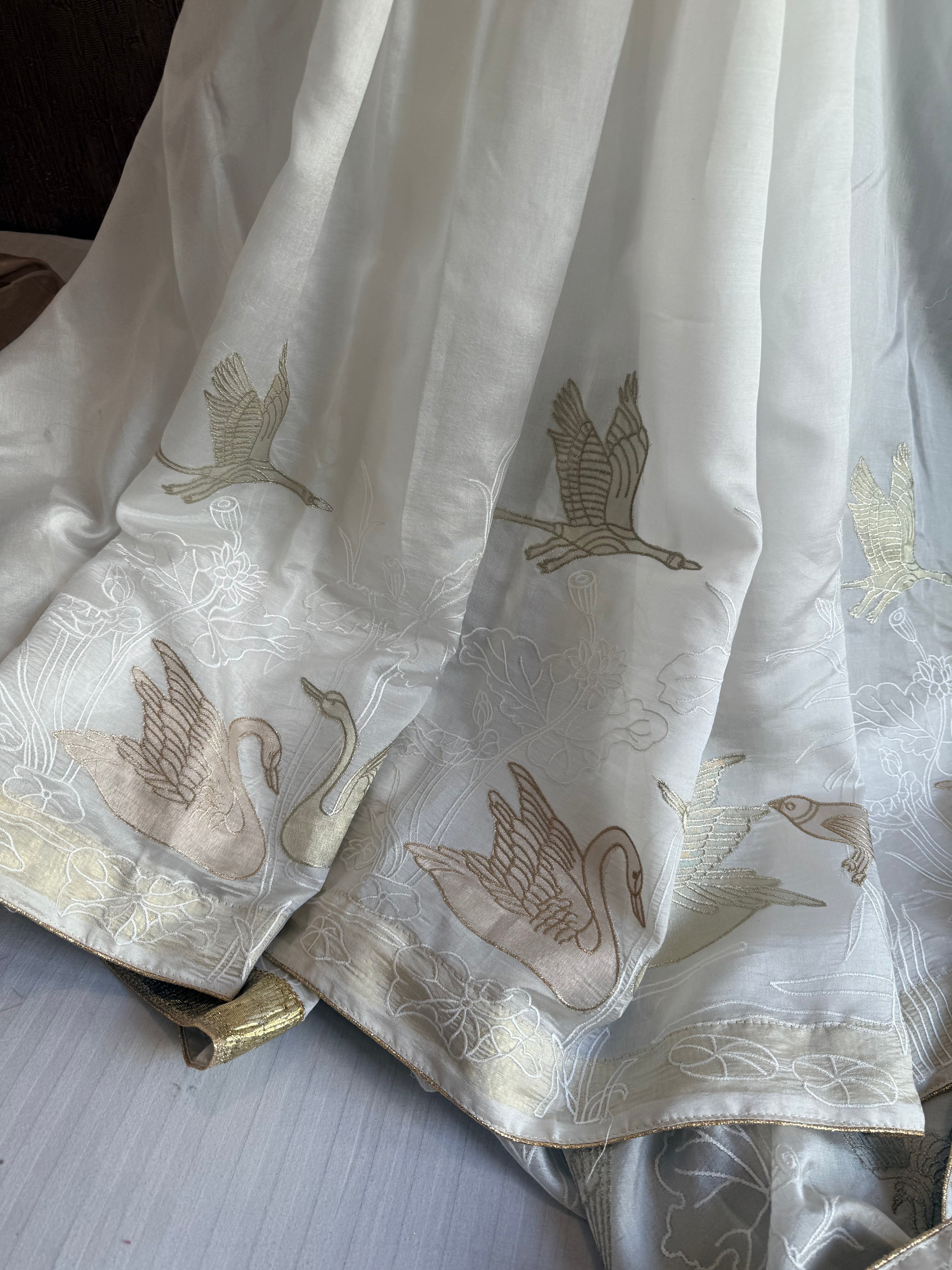 Hans wala safeed spun chiniya silk appliqué tissue hand embroidered lampiwork saree