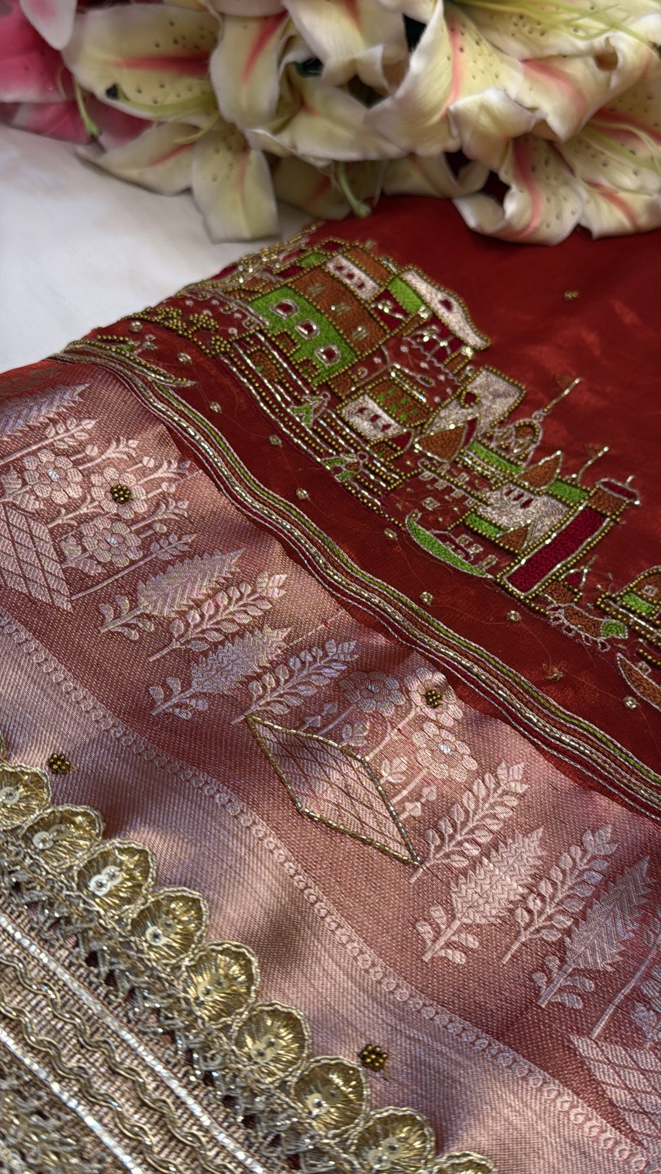 Bridal red banarasi ghat hand embroidered husn tissue silk saree