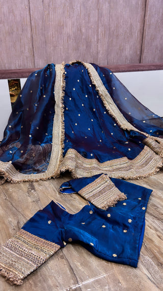 Mastani peacock blue tissue silk kadhwa buti dhup chao effect lehenga set