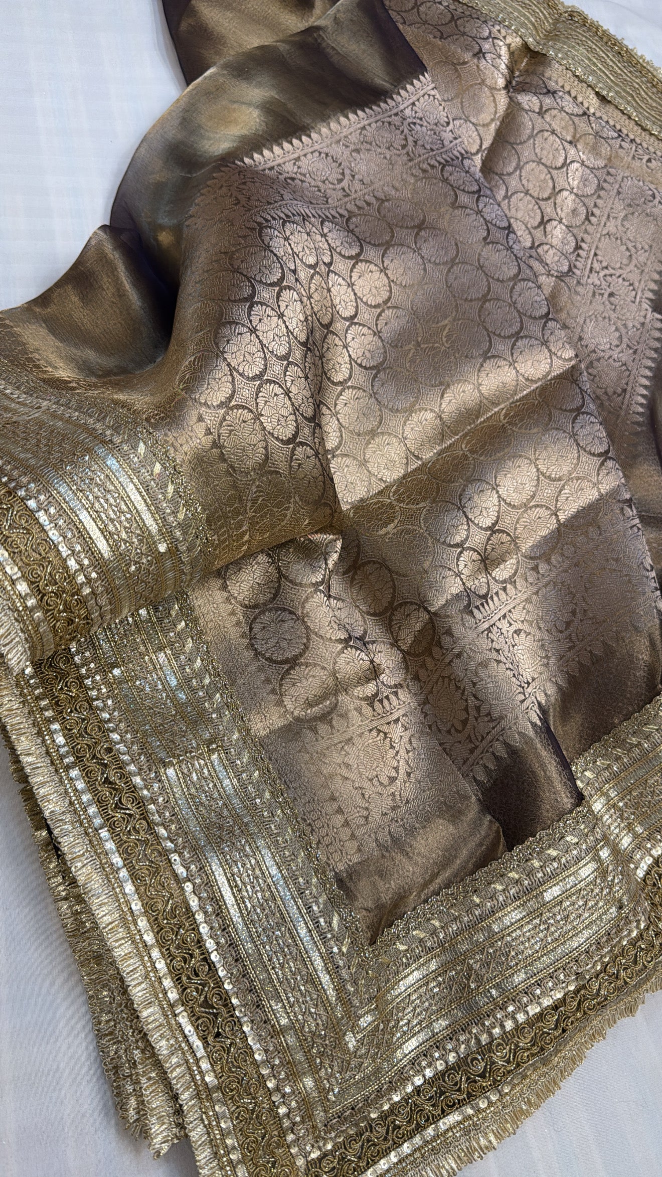 Maharani english mouse grey tissue silk kadhwa gotapatti saree