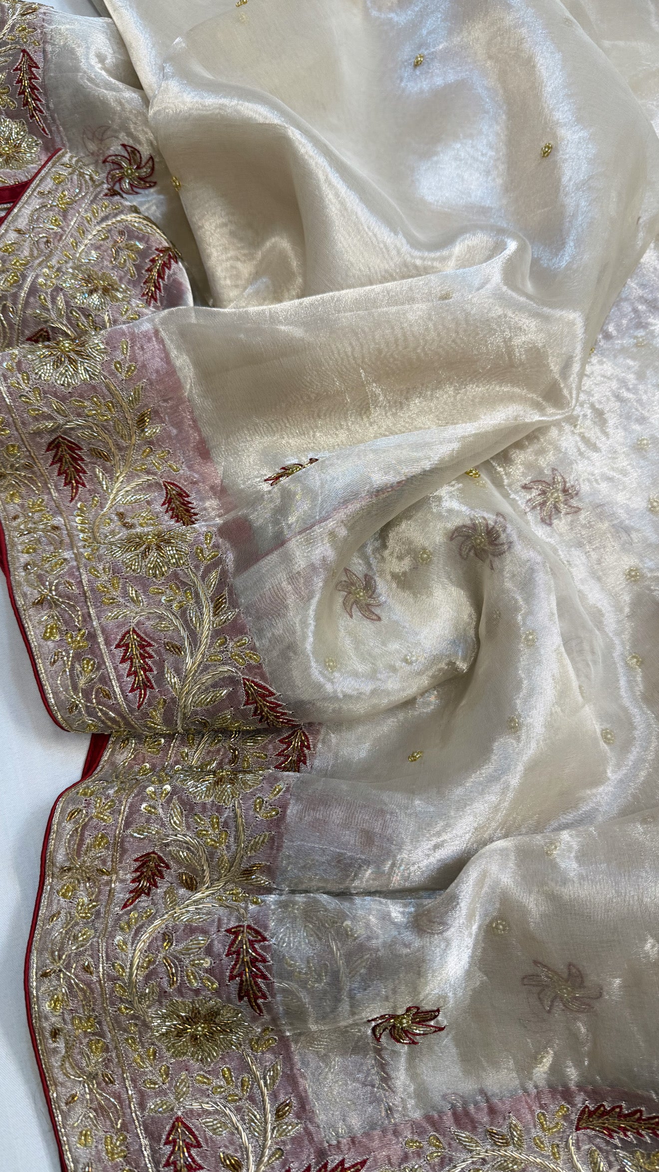 Gulab ki pankhuri husn tissue silk heavy zardozi border hand embroidered saree