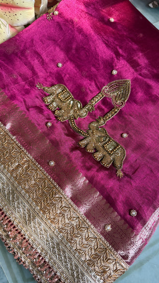Husn hot fuchsia pink tissue silk elephant motif hand embroidered saree