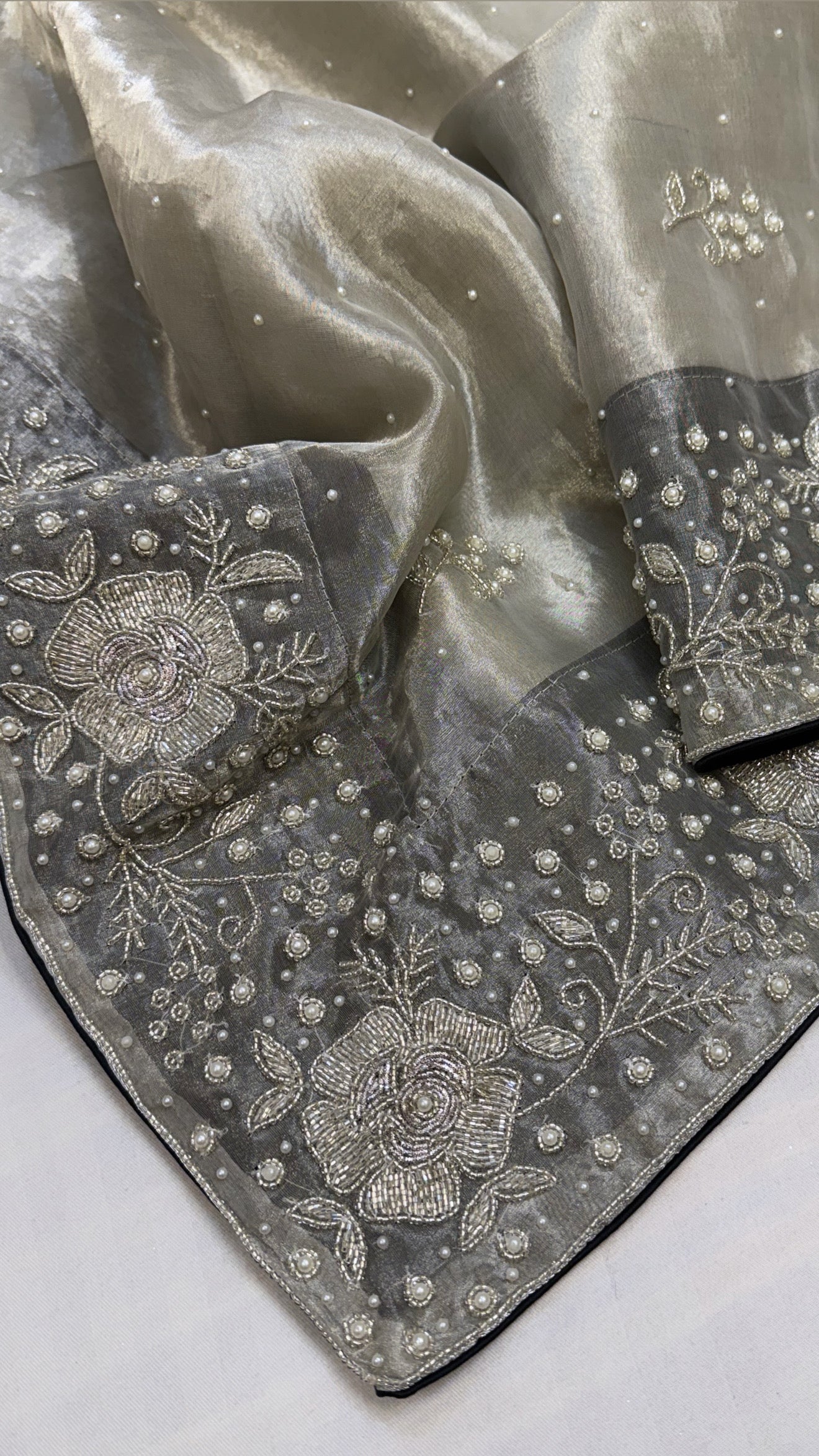 Heere aur moti edit- Ivory diamond tissue silk heavy pearl zardozi work hand embroidered saree