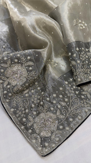 Heere aur moti edit- Ivory diamond tissue silk heavy pearl zardozi work hand embroidered saree