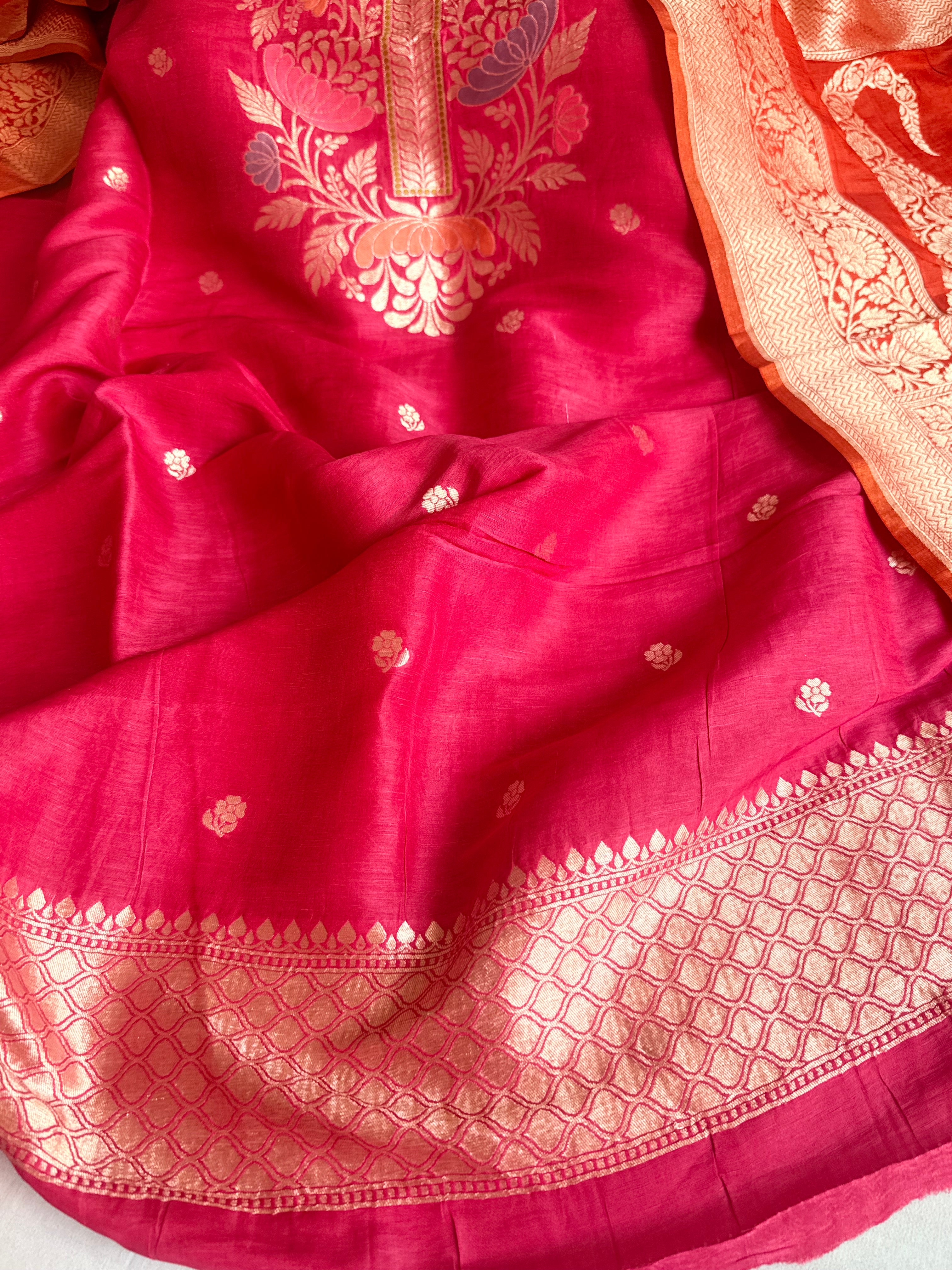 Banarasi linen gorgette neckwork weaving meenakari suit set
