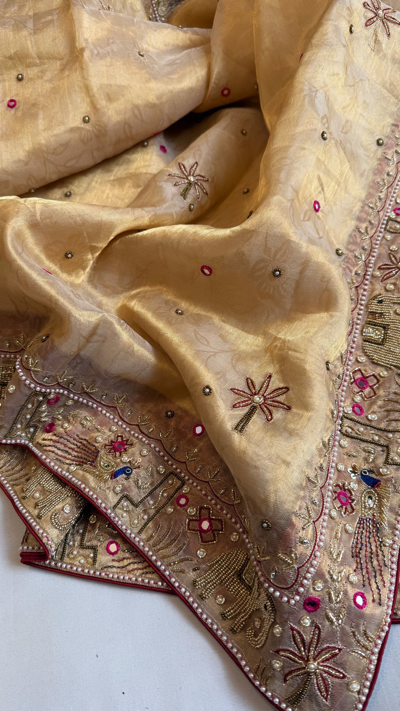 Sheeshmahal shikargah edit - Golden tissue silk hand embroidered elephant motif border kadhwa saree