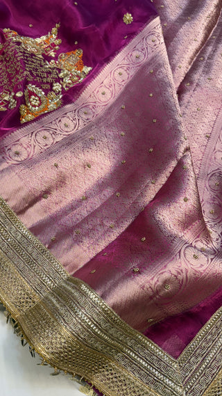 Phere wali saree - Magenta purplish-pink tissue silk “gayatri mantra” hand embroidered saree