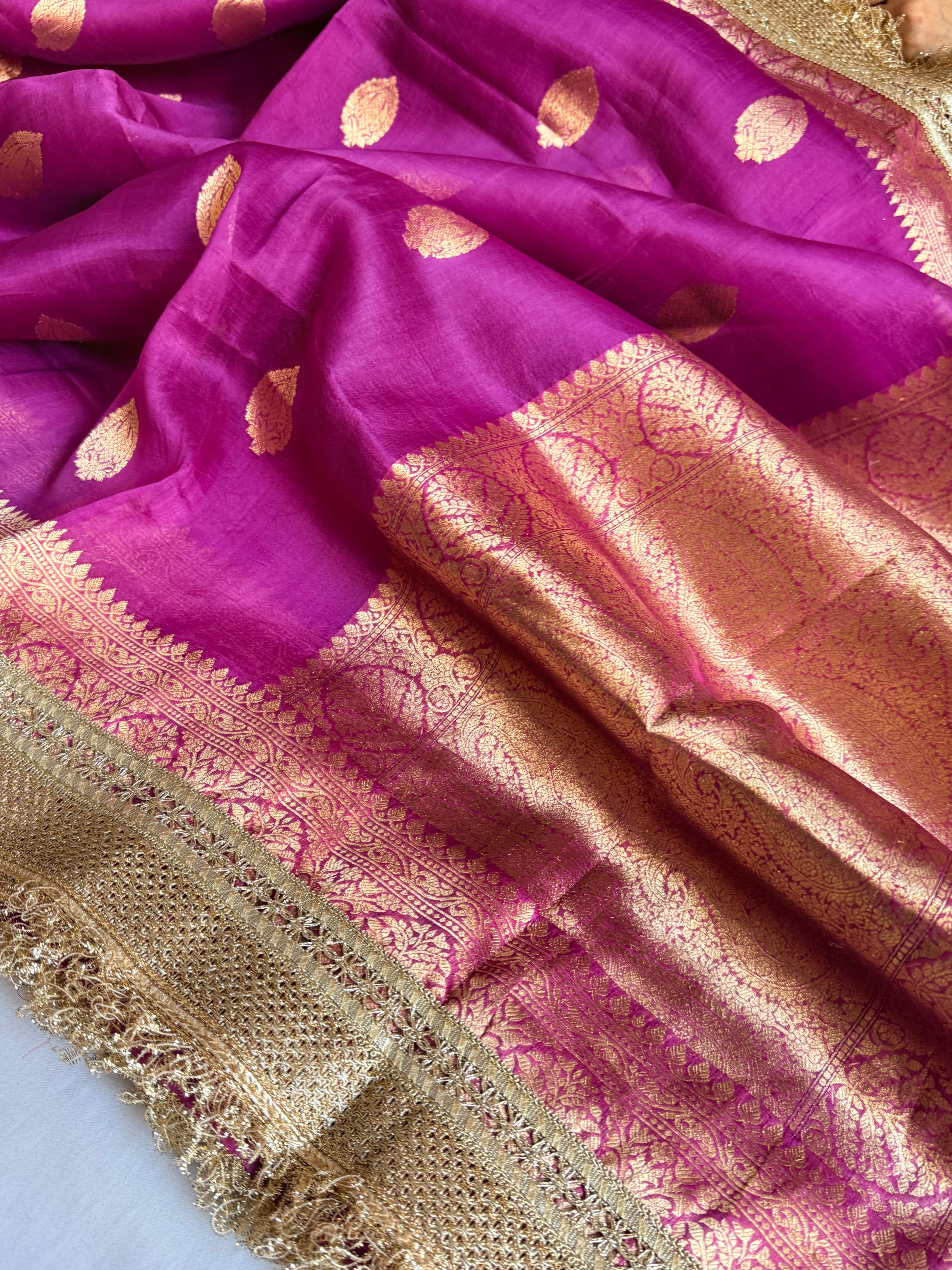 Banarasi leela magenta purple kora silk kadhwa saree