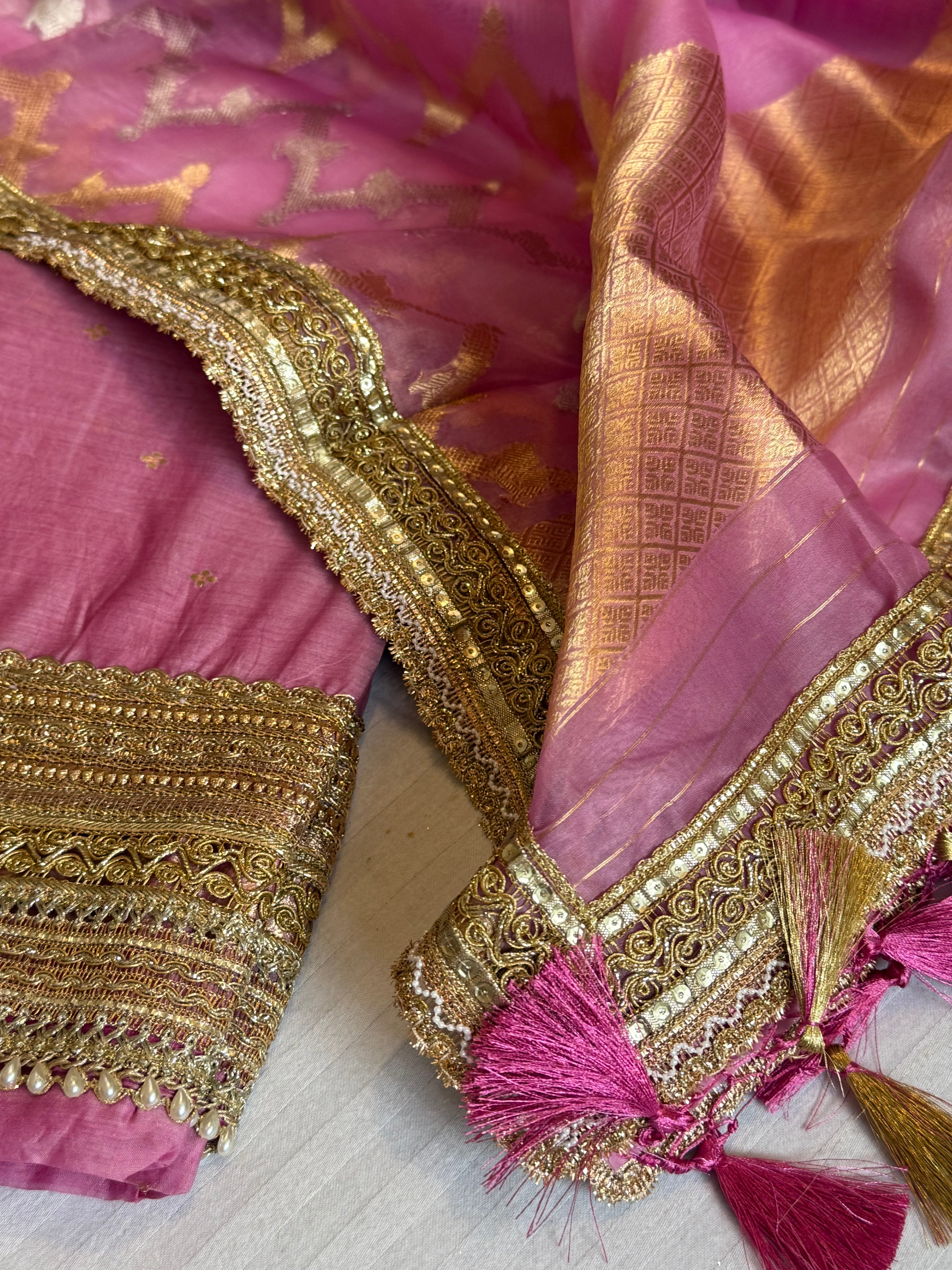 Banarasi kora silk kadhwa buti gotapatti suit set