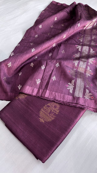 Dark plum raw silk banarasi suit set