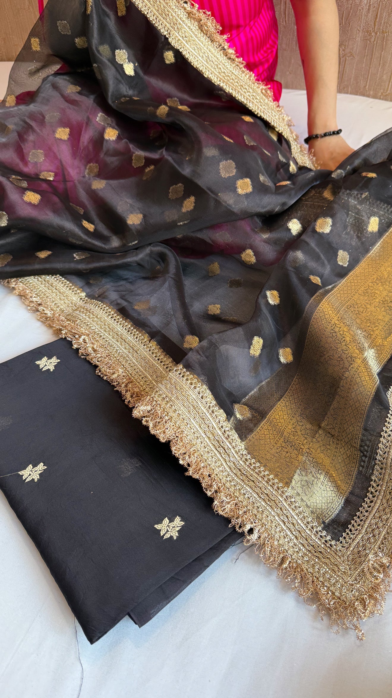 Black kora silk kadhwa gotapatti buti suit set