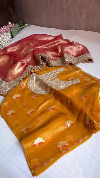 Heeramandi haldi yellow-rani pink contrast tissue silk suit set