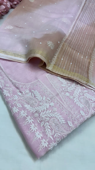 Pure Banarasi soft pink handloom premium cotton kadhwa lucknowi chikankari hand embroidered suit set with intricately hand embroidered motifs and ombre shaded duppata set