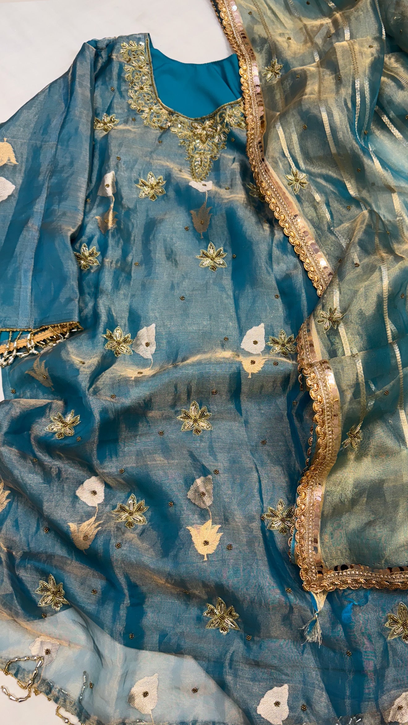 Dulhan ka joda - Water blue tissue silk heavy hand embroidered kadhwa gotapatti suit set