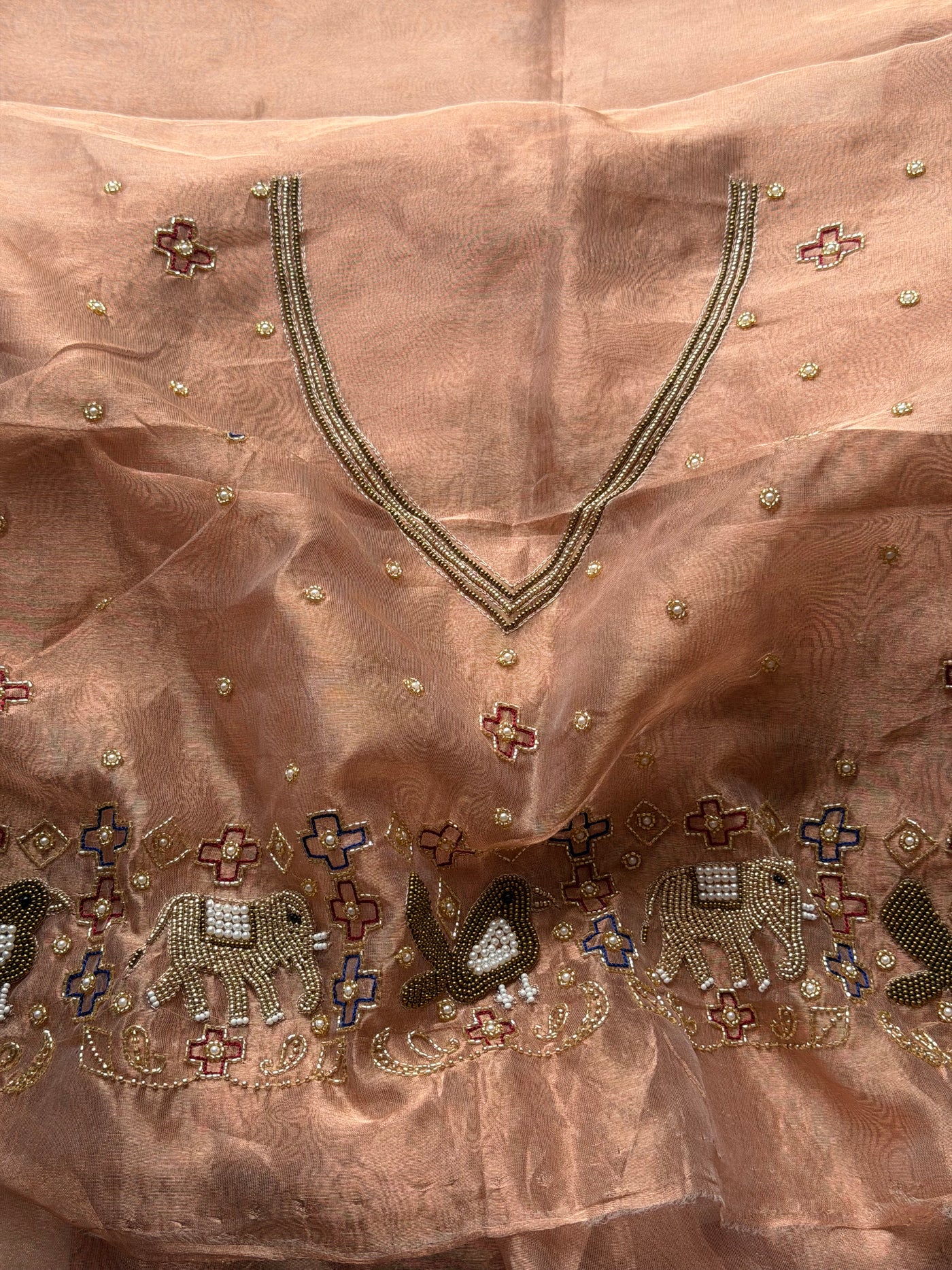 Hathi & chiriya wali border copper tissue silk hand embroidered saree ...