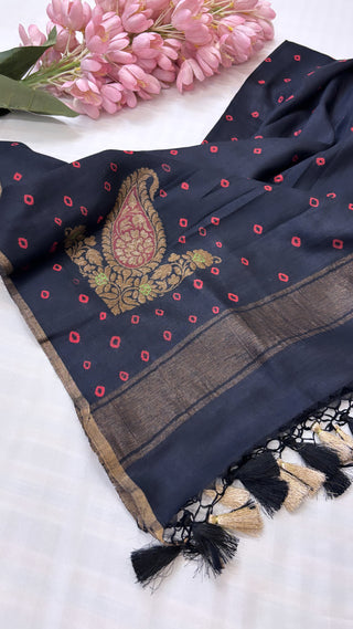 Moonga silk dusty black meenedar duppata