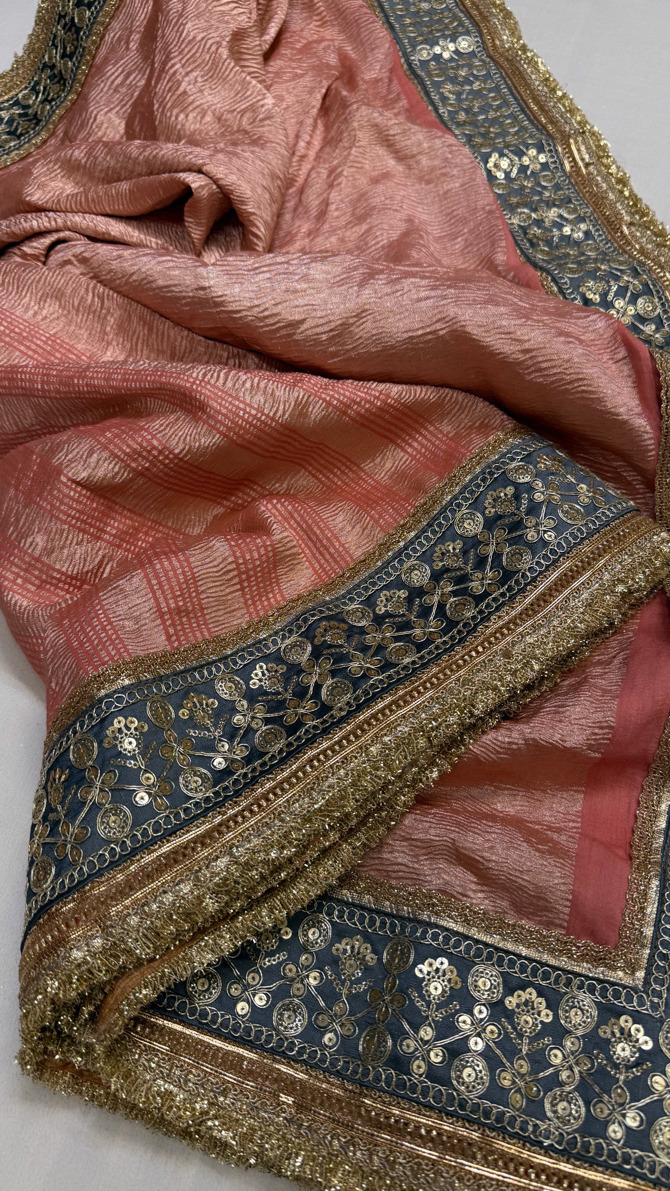 Moonga crushed tissue silk soft peach saree