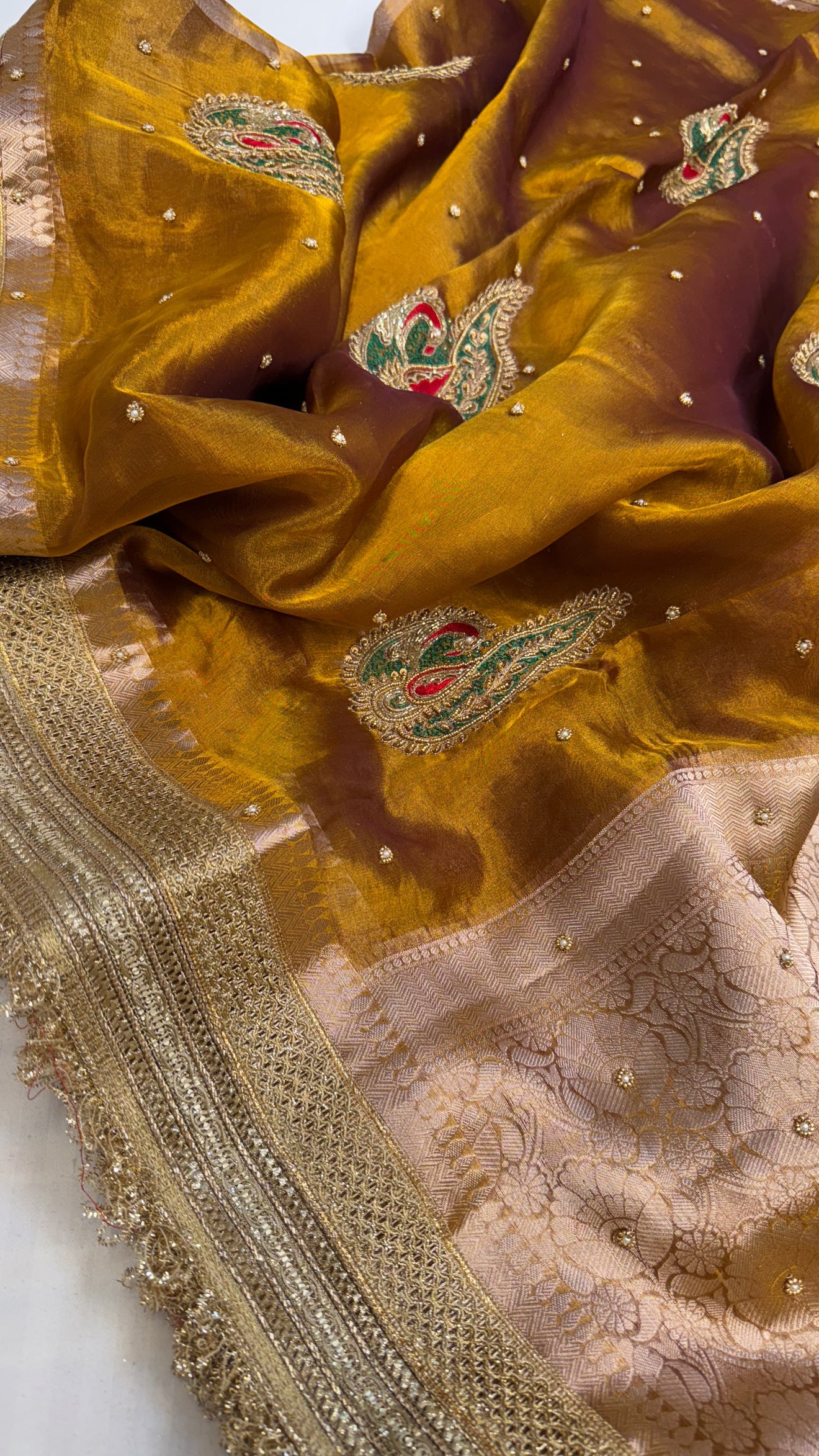Baarat wali saree - Kanjivaram gold husn tissue silk peacock motif hand embroidered saree