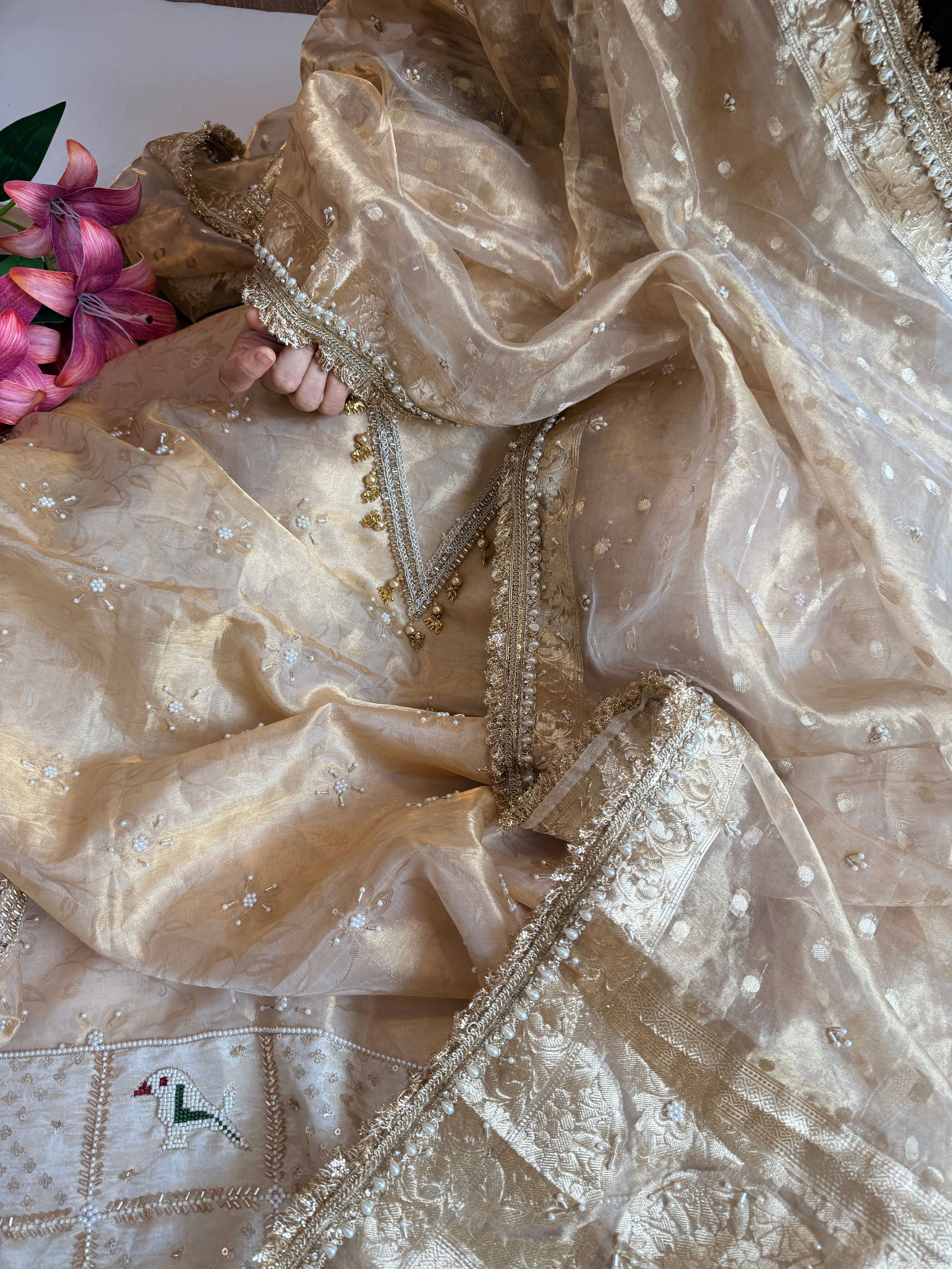 Butter gold patola patchwork hand embroidered tissue silk suit set available on preorder of 10-15 days