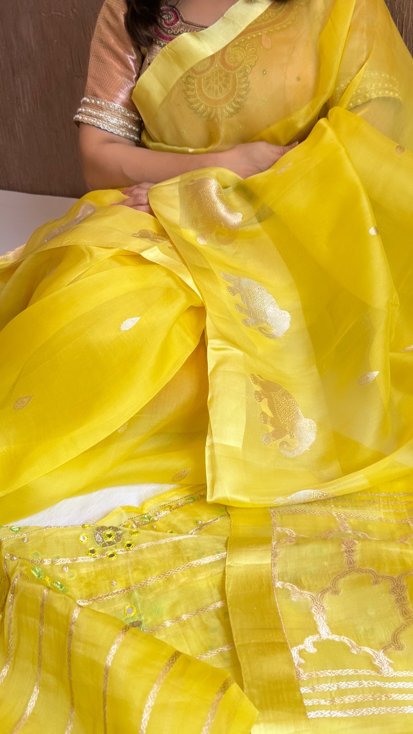 Lemon yellow banarasi kora silk hand embroidered saree