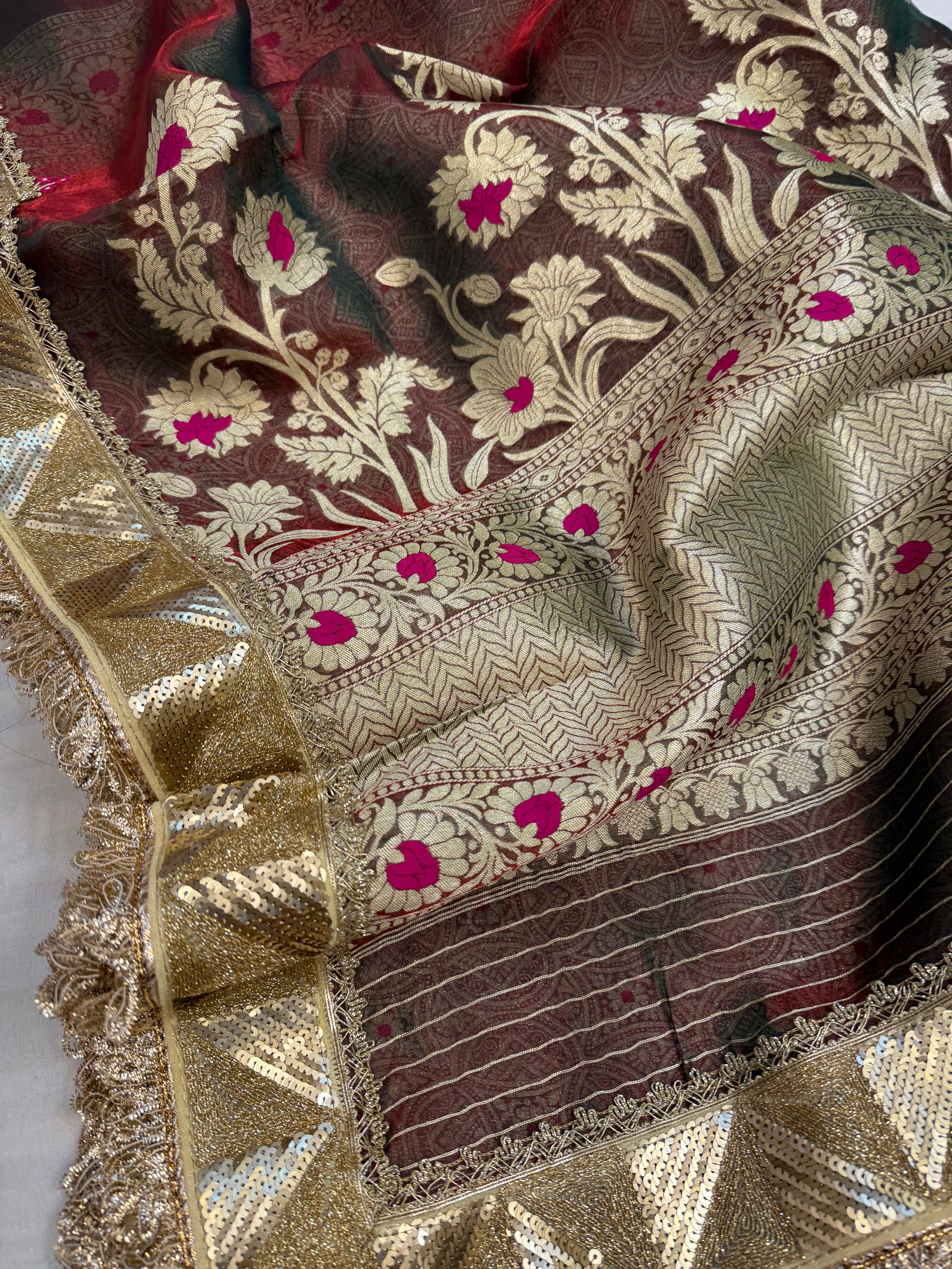 Midnight red maharani tissue silk kadhwa meenakari saree