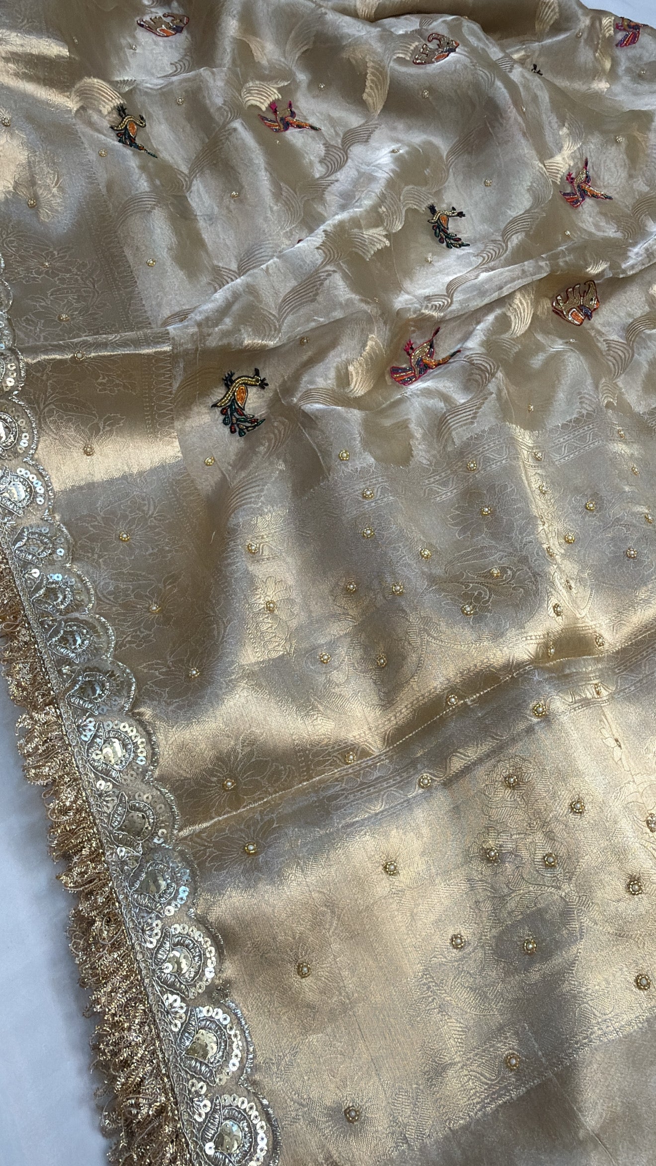 Champagne gold tissue silk jungla hand embroidered kadhwa saree