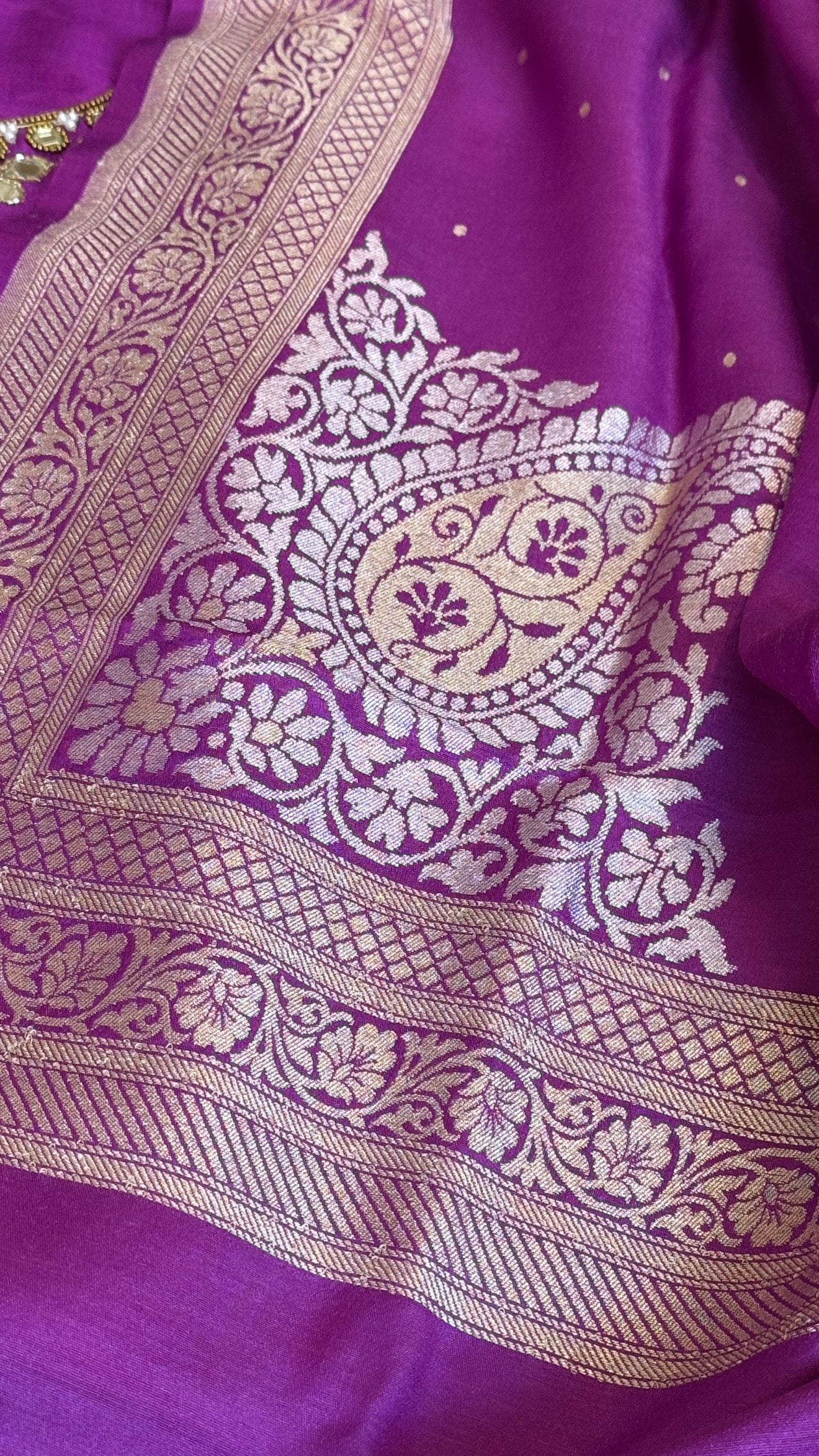 Sheesham deep purple mirror work hand embroidered katan silk kadhwa suit set