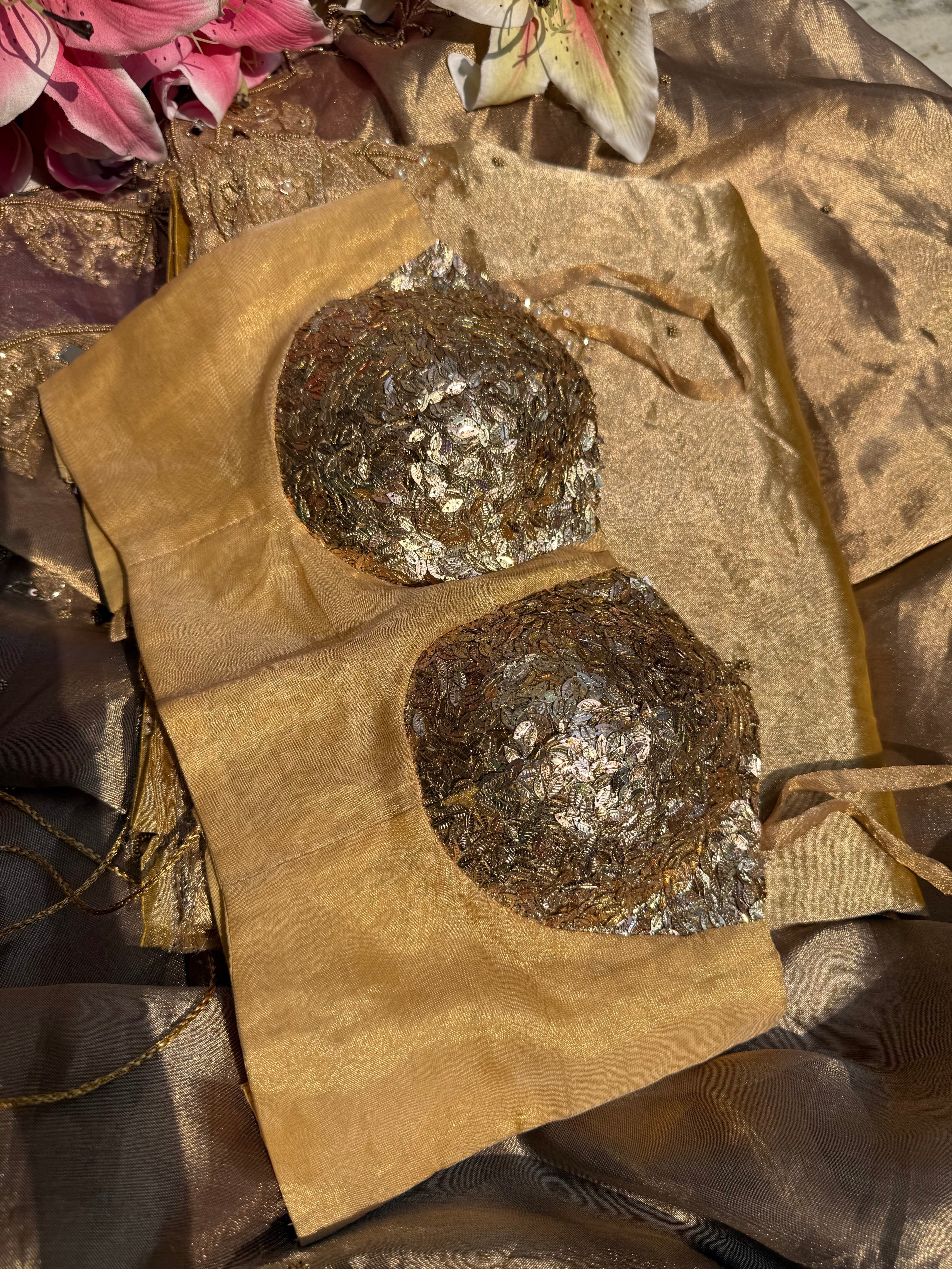 Golden sequence tissue silk free size blouse piece