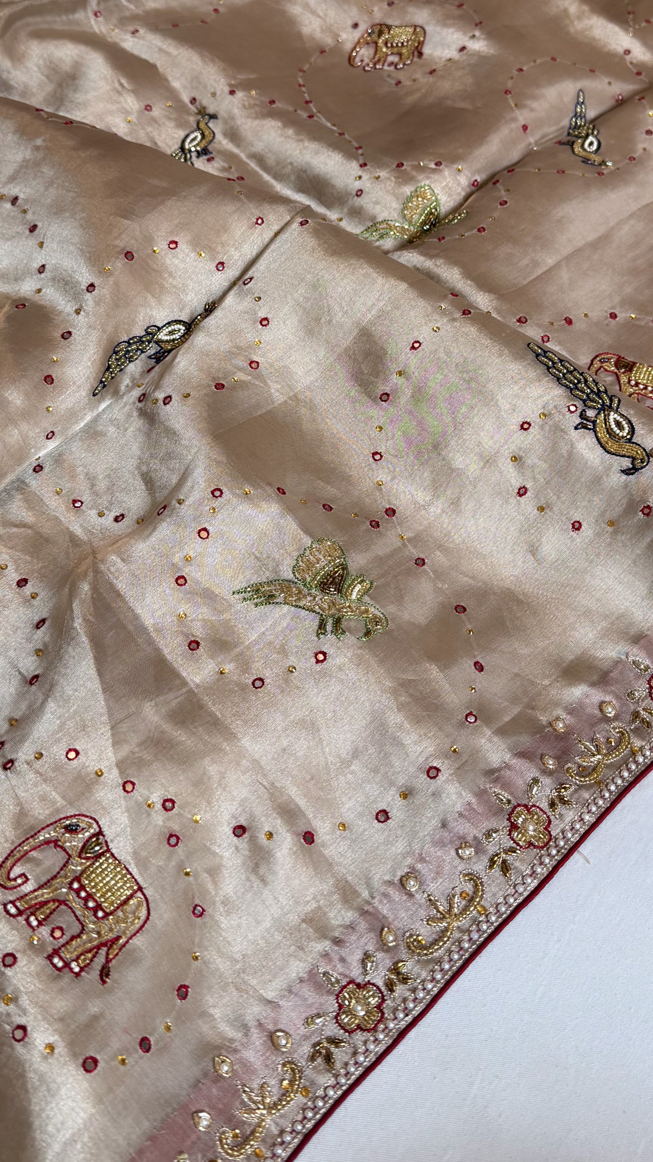 Shikarbagh edit ivory gold diamond tissue silk hand embroidered kadhwa saree