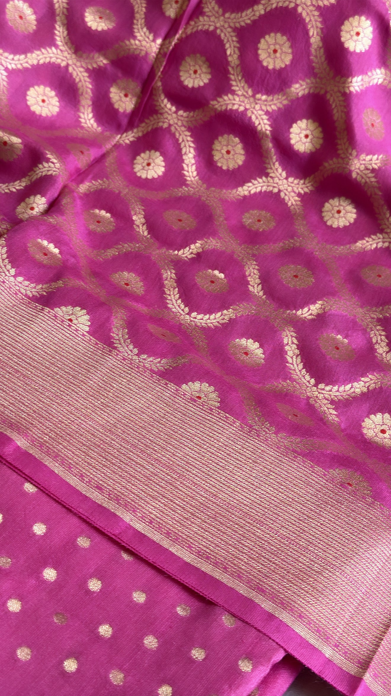 Strawberry pink moonga silk kadhwa jaal suit set