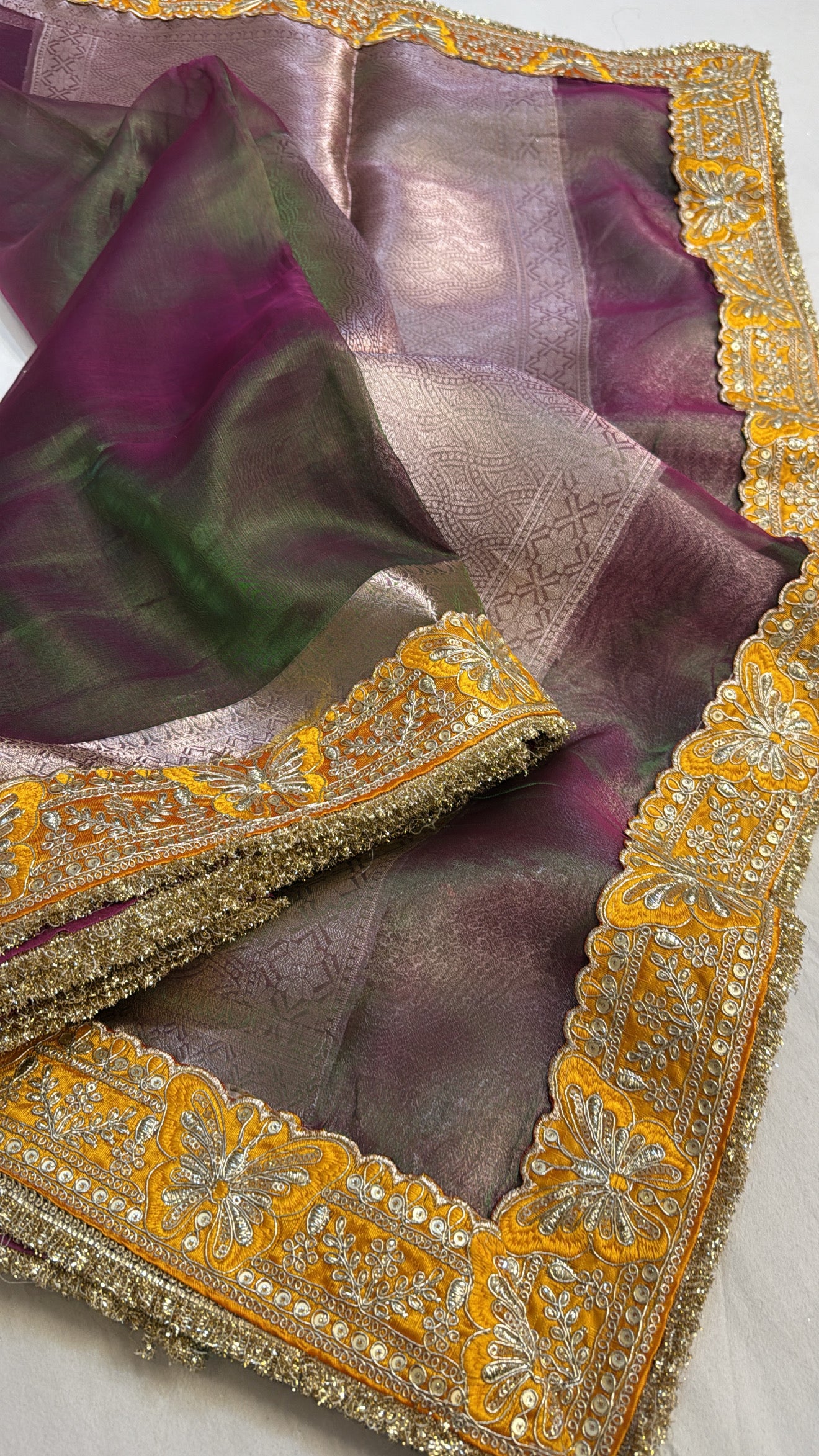 Mehendi green-pink dhup chao effect tissue silk kadhwa saree