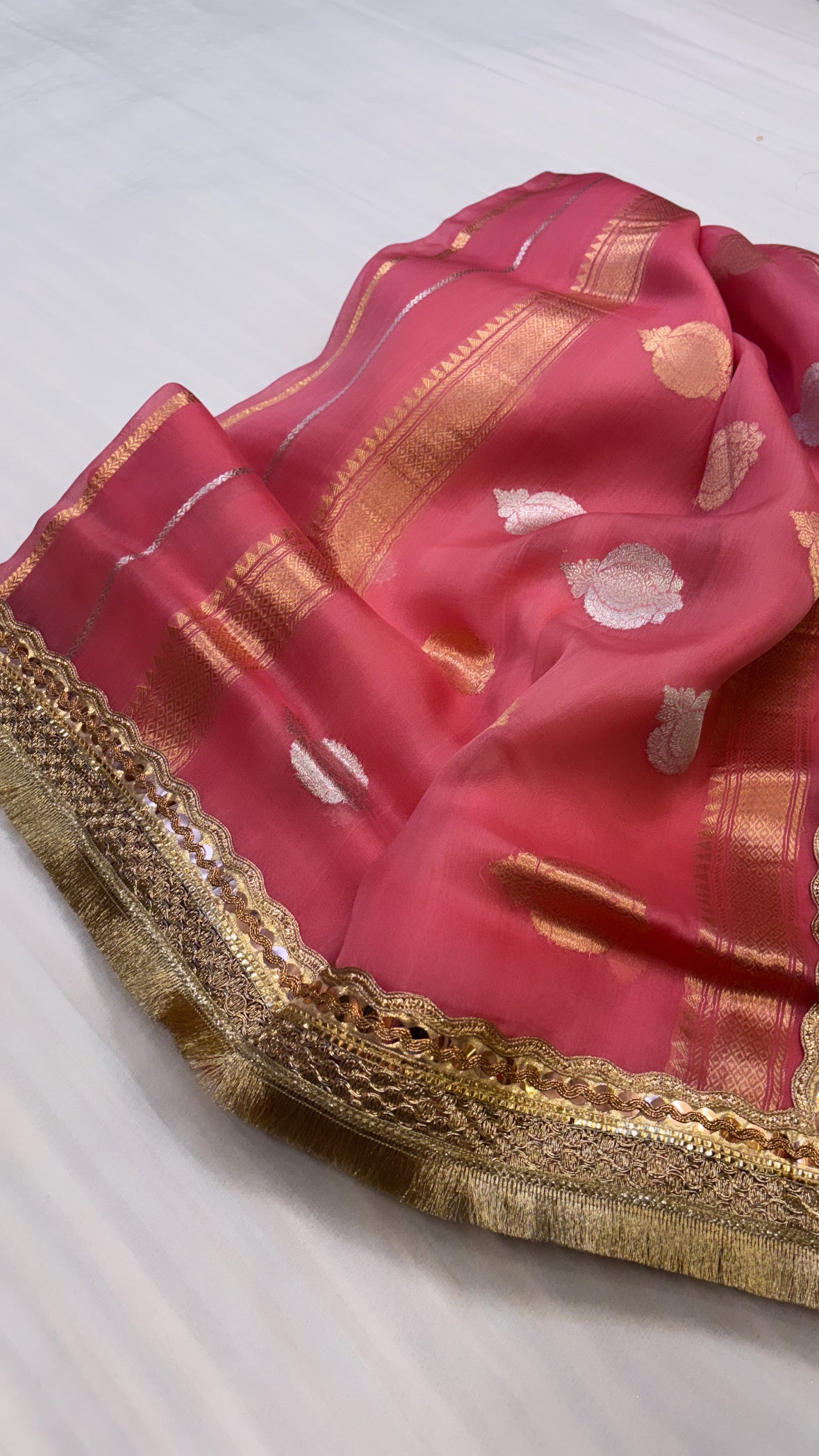 Peachy peach shade leela kora silk jungla saree