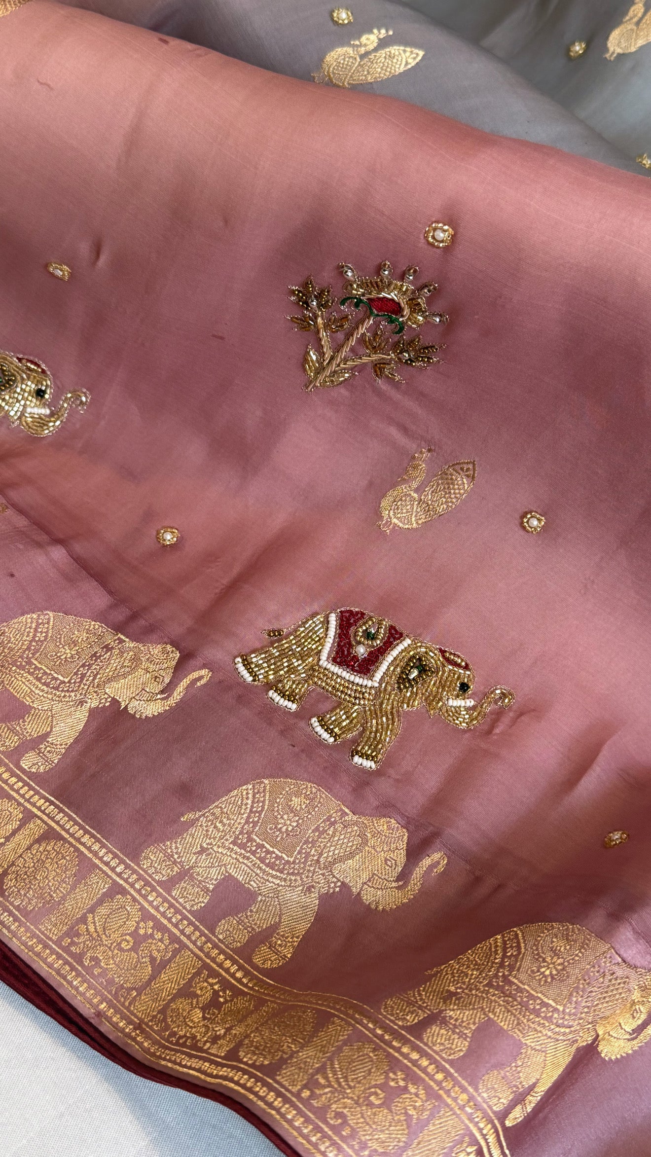 Sufi night edit - Banarasi kora silk elephant motif hand embroidered kadhwa shaded saree