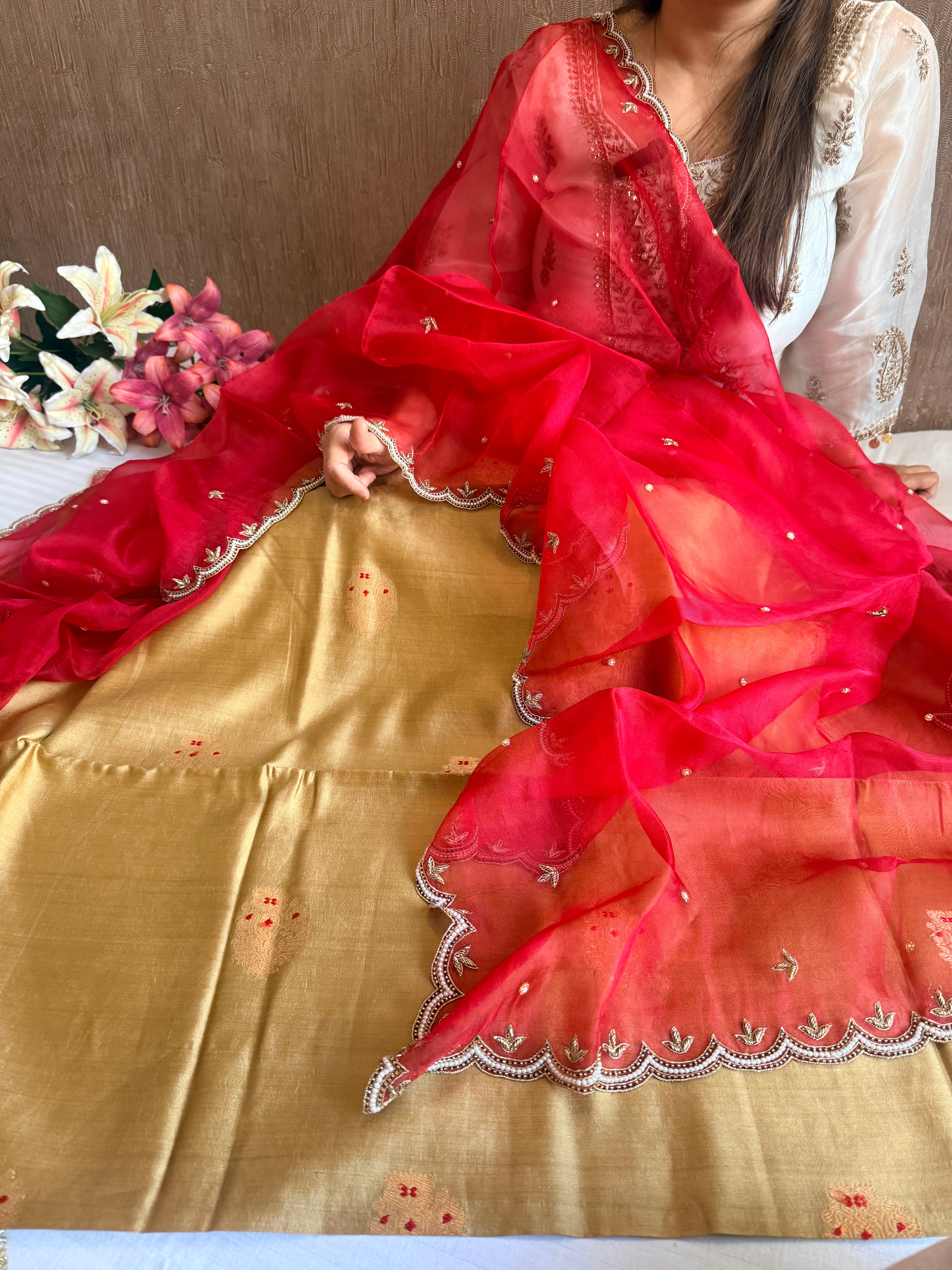 Beige-red chiniya silk kadhwa buta kurta paired with kora silk red duppata