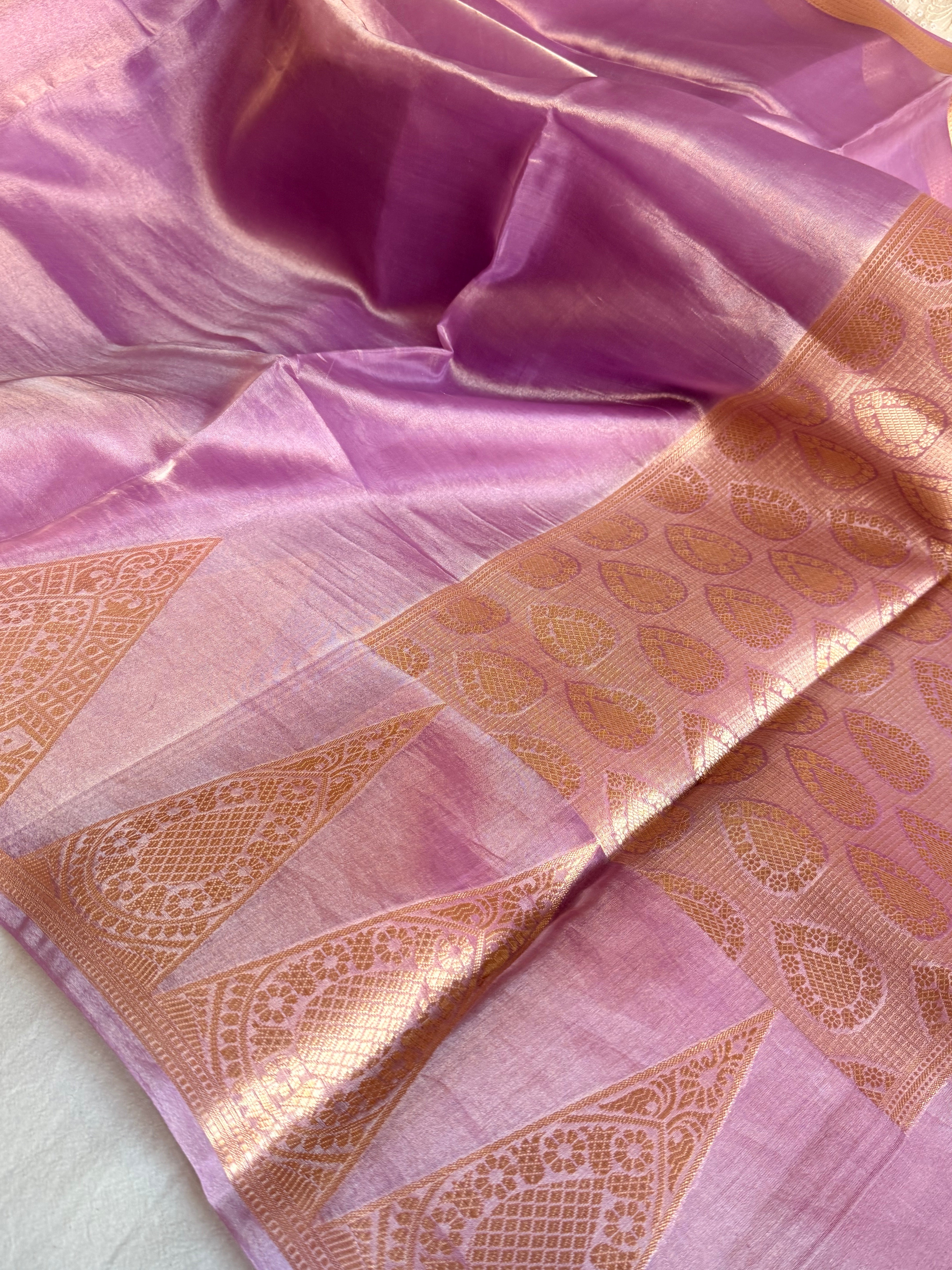 Below 10k - Temple border tissue silk dhup chao effect kadhwa saree