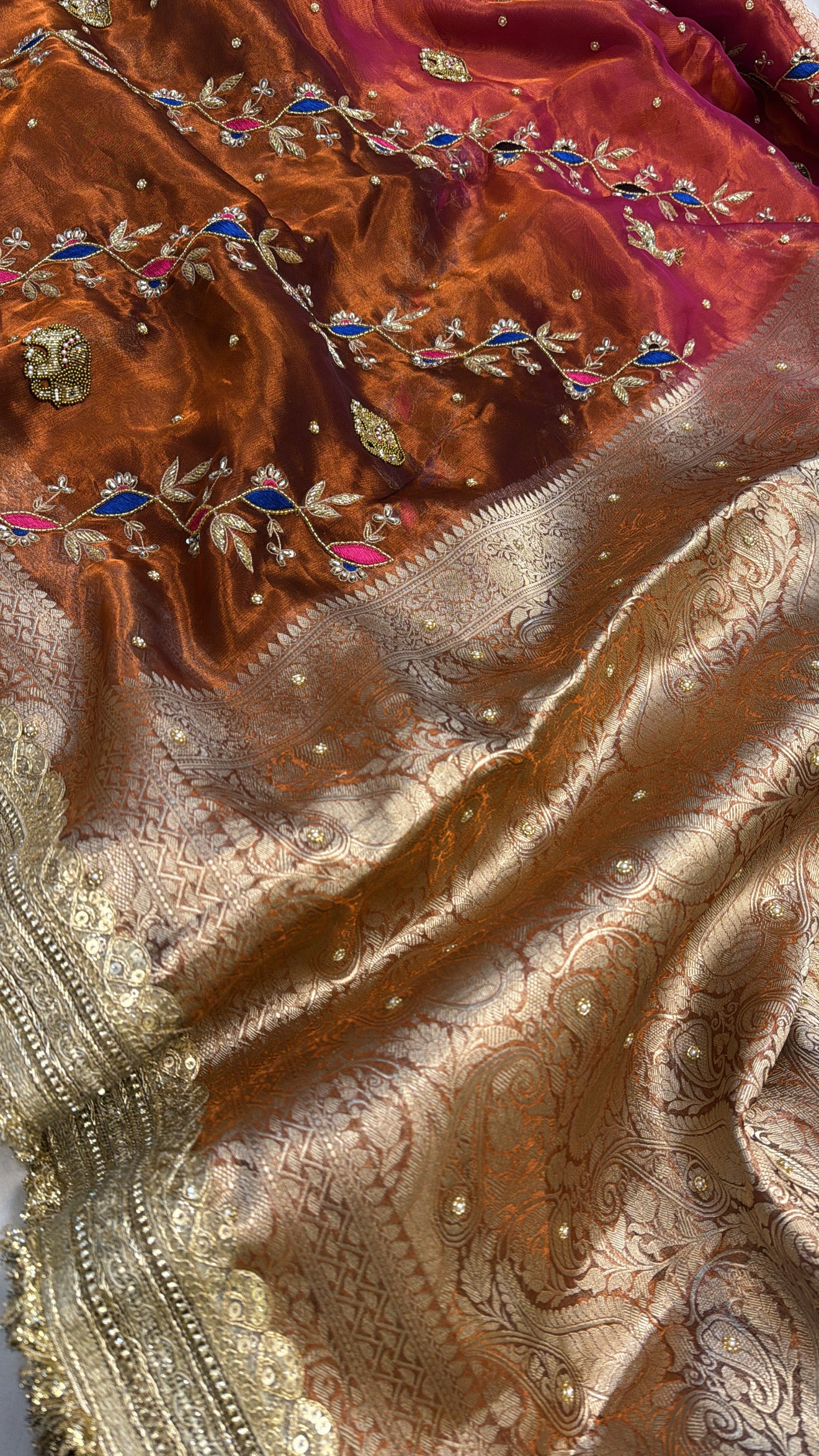 Bronze brown - pink ombre shaded elephant motif hand embroidered tissue silk saree