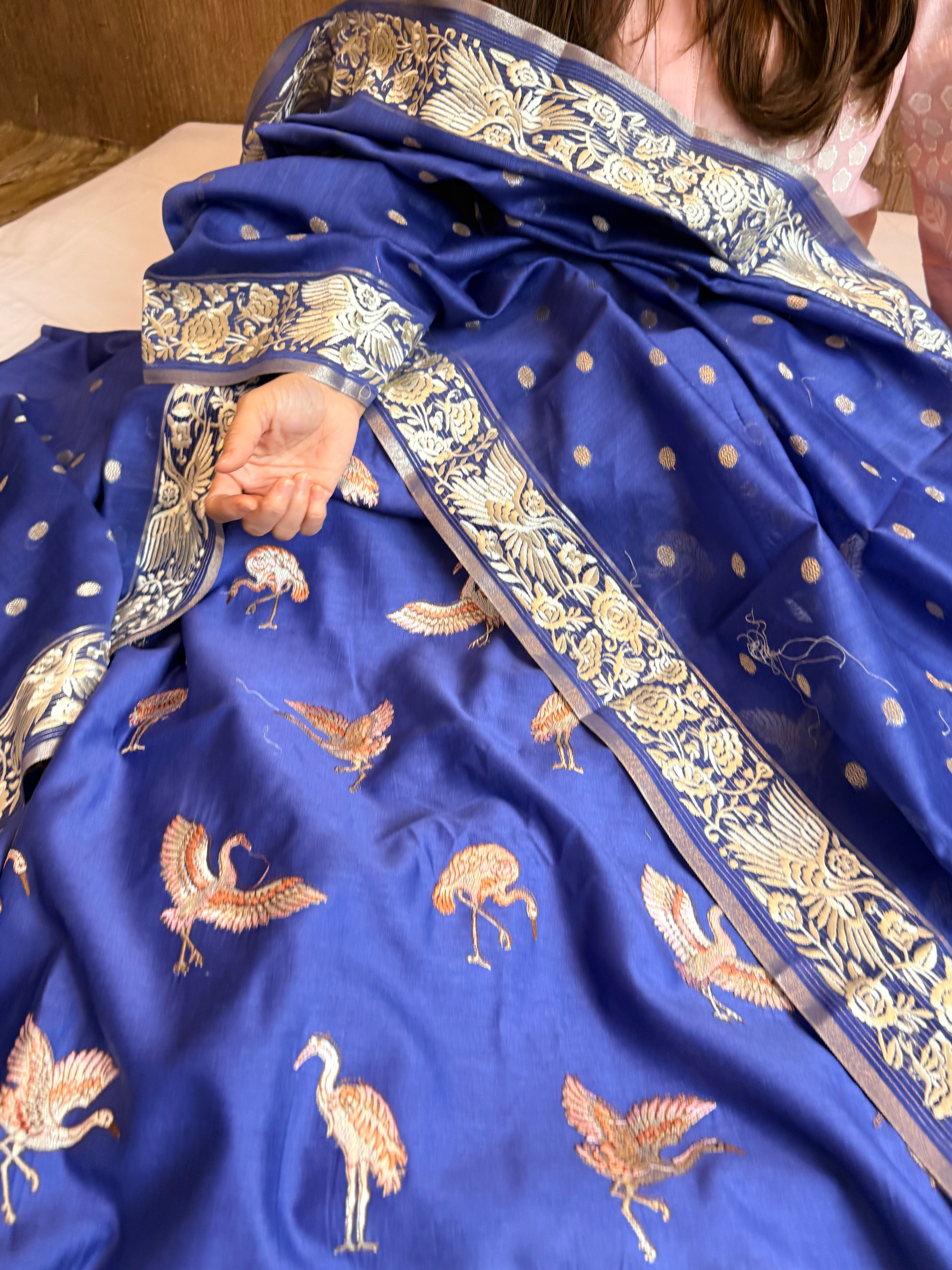 Mul chanderi cotton silk flamingo motif parsigara hand embroidery suit set