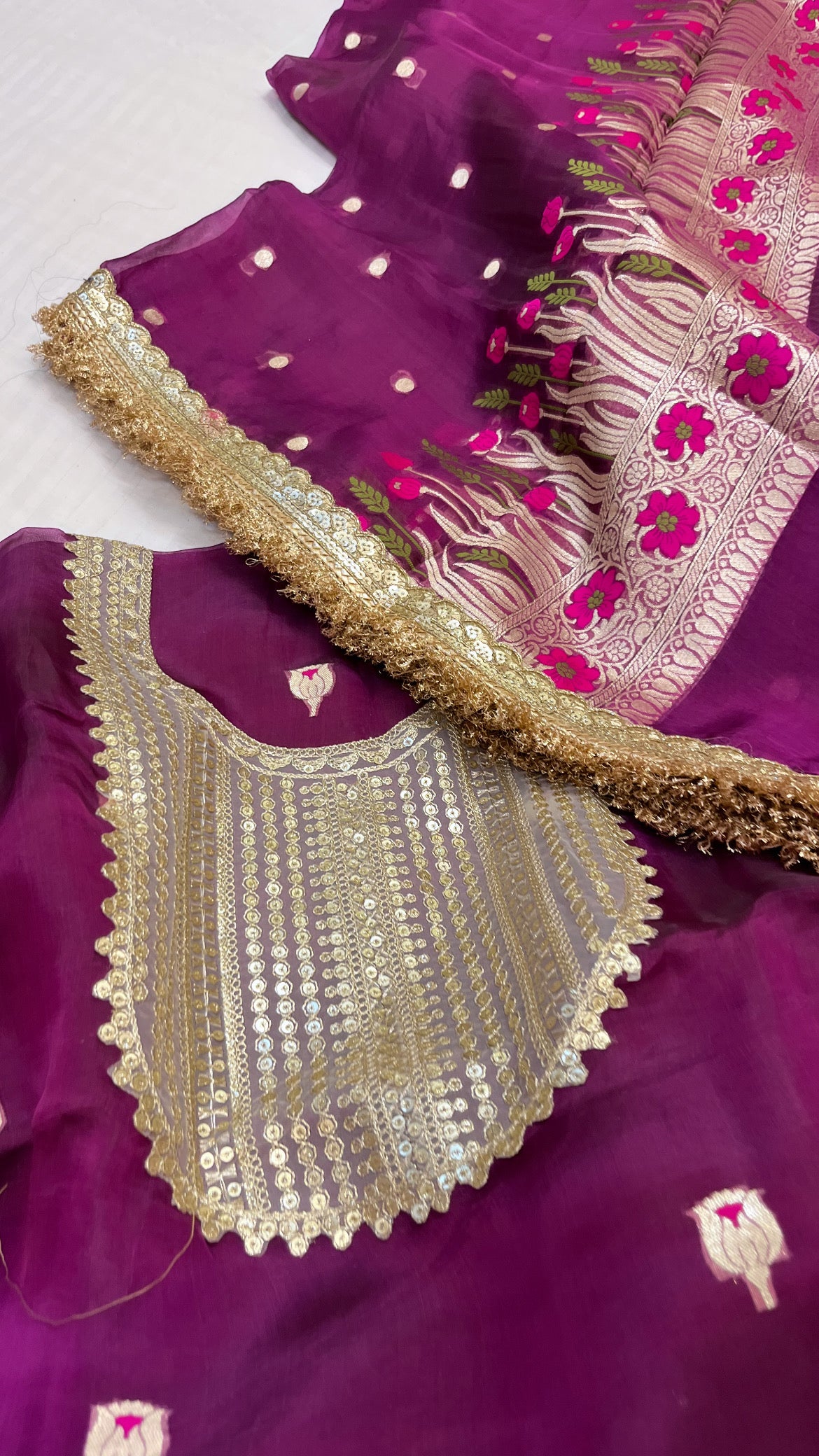 Heeramandi magenta purple tissue silk meenakari suit set