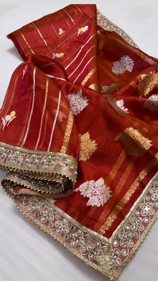 Maharani tomato deep red tissue silk kadhwa buti saree