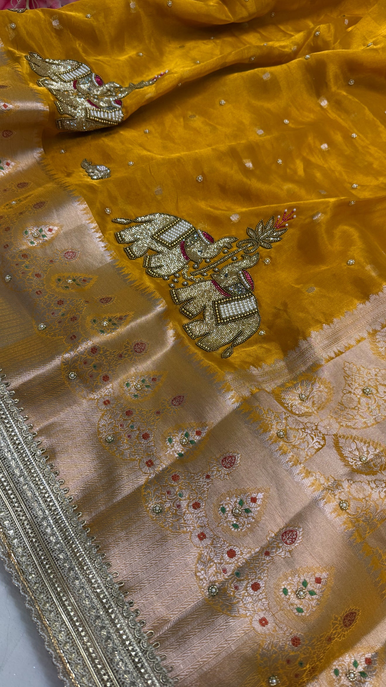 Karwachauth special - Haldi yellow tissue silk elephant motif hand embroidered saree