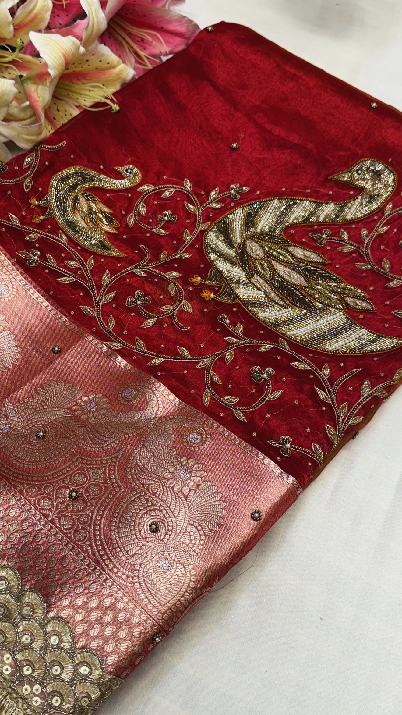 Karwachauth special - Red orange ombre shaded tissue silk duck motif hand embroidered saree